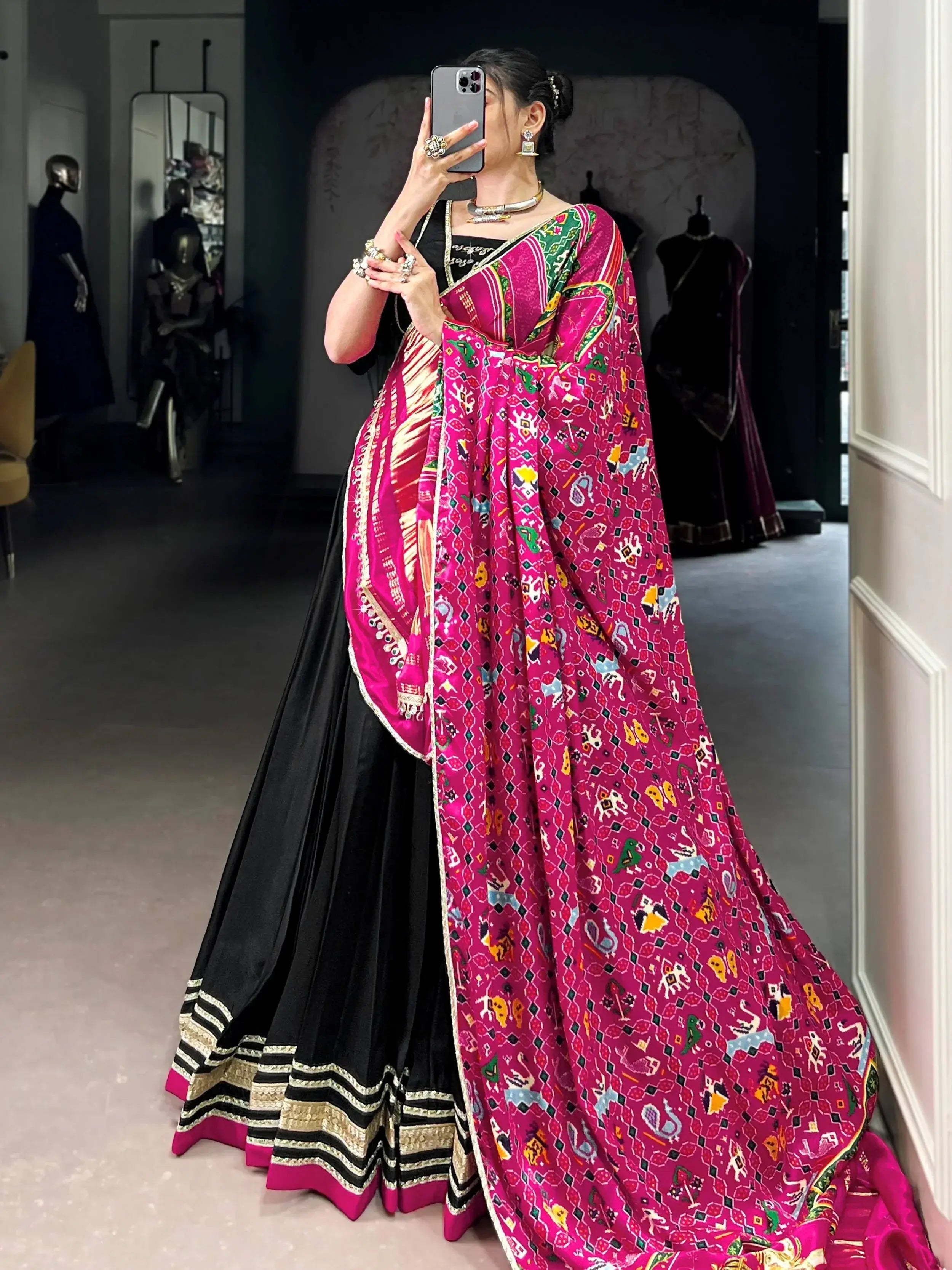 Black georgette silk lace work lehenga choli with dupatta