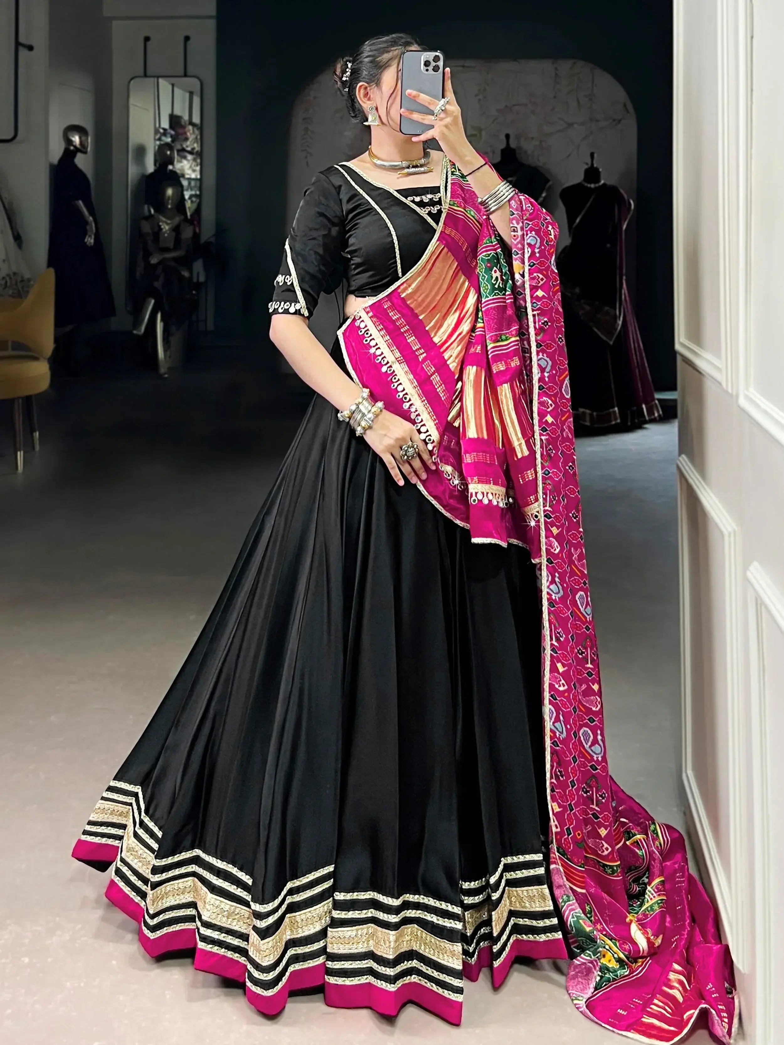 Black georgette silk lace work lehenga choli with dupatta