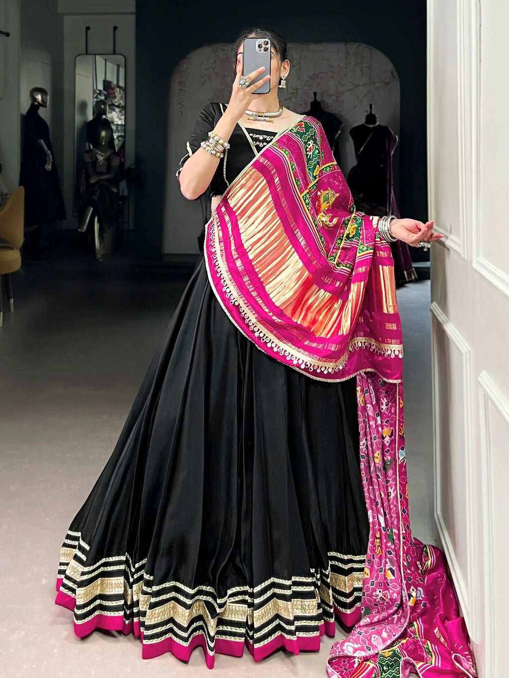 Black georgette silk lace work lehenga choli with dupatta