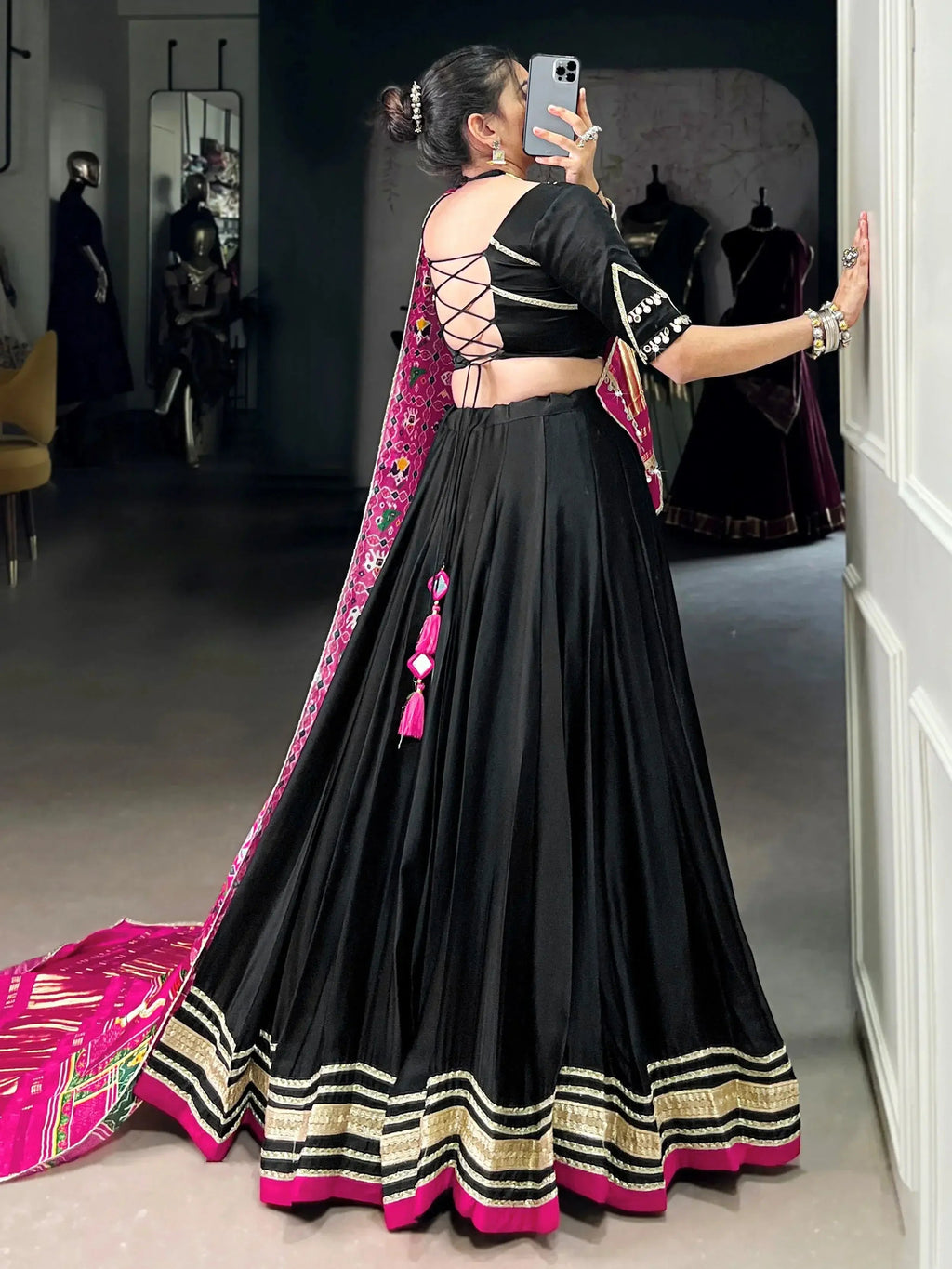 Black georgette silk lace work lehenga choli with dupatta