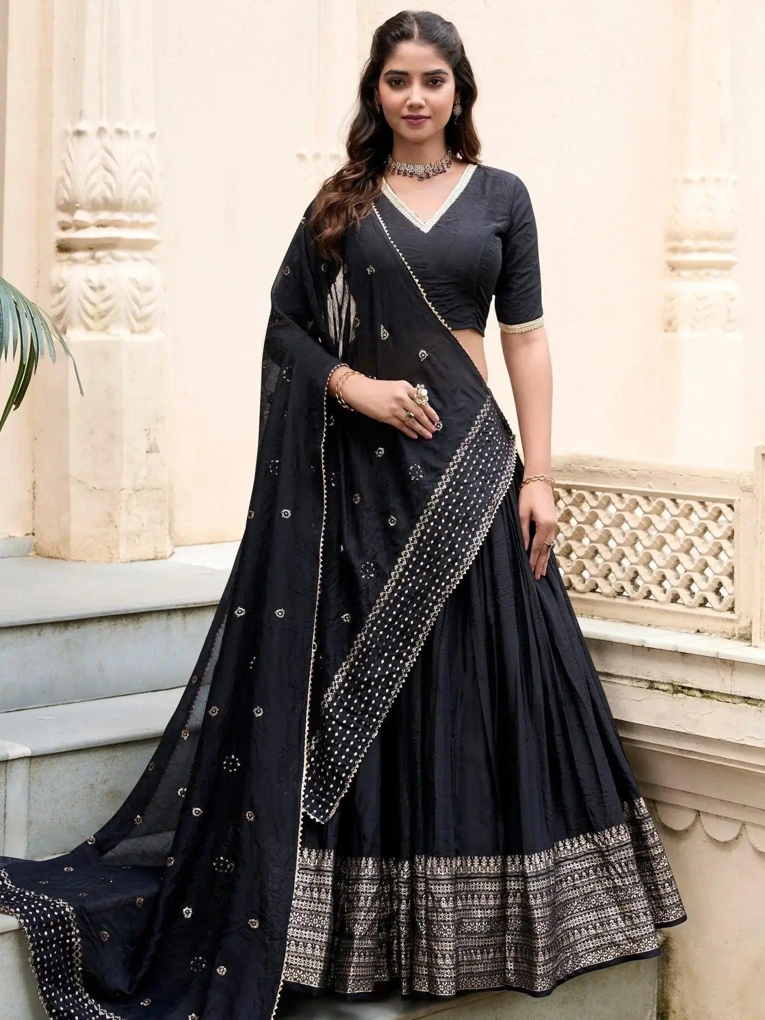 Black pure Chanderi plain zari weaving lehenga choli