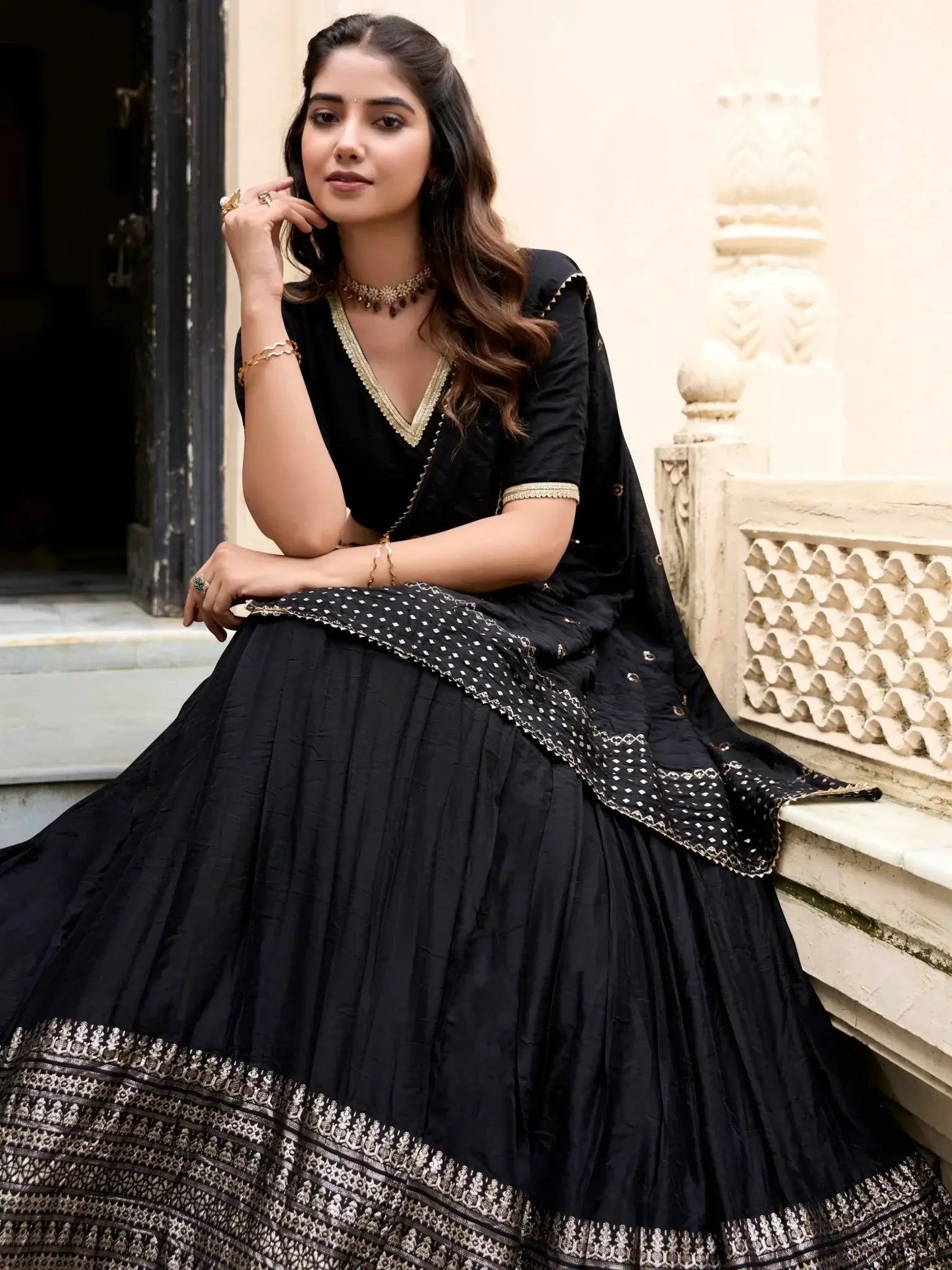 Black pure Chanderi plain zari weaving lehenga choli