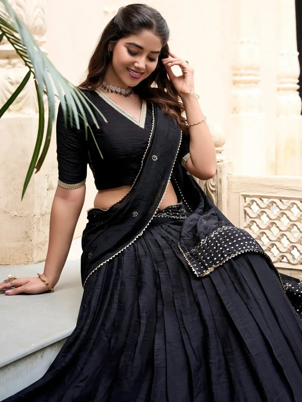 Black pure Chanderi plain zari weaving lehenga choli