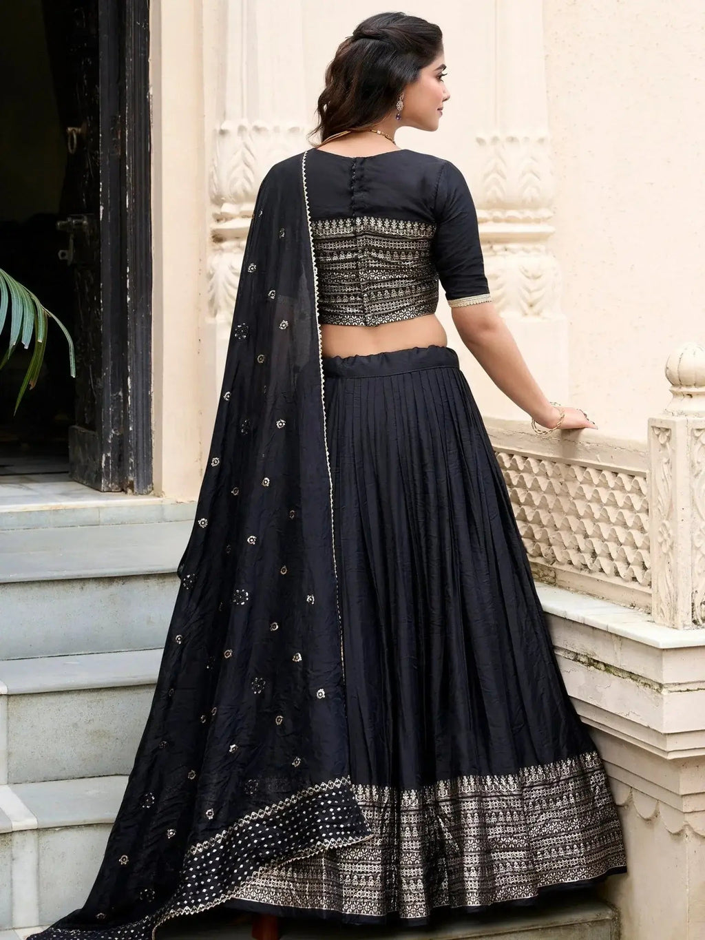 Black pure Chanderi plain zari weaving lehenga choli