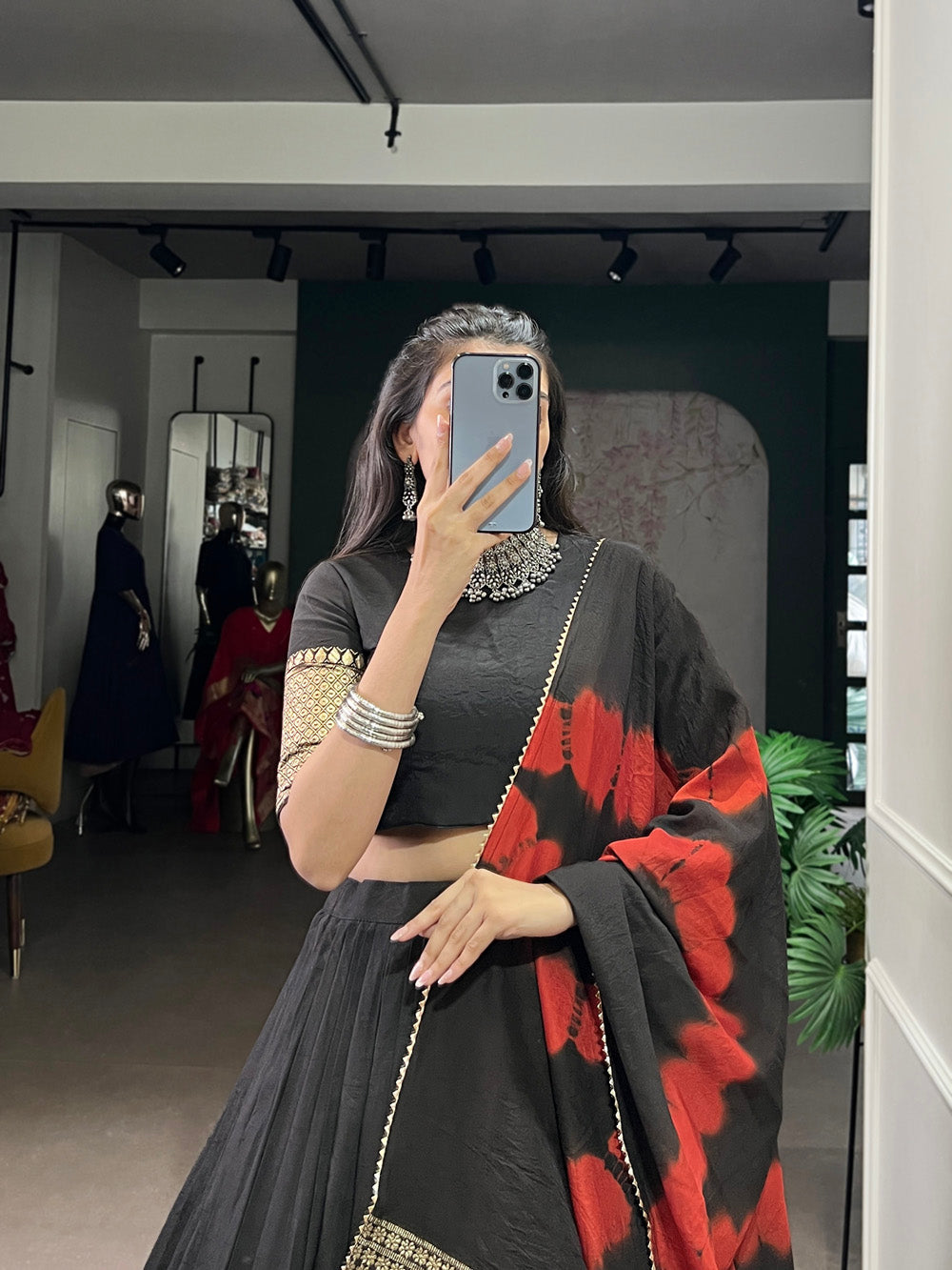 Black pure Chanderi zari weaving border Shibori print lehenga choli