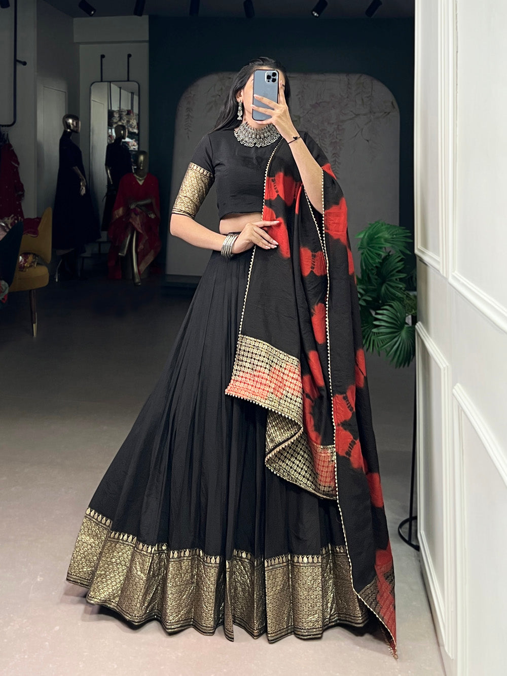 Black pure Chanderi zari weaving border Shibori print lehenga choli