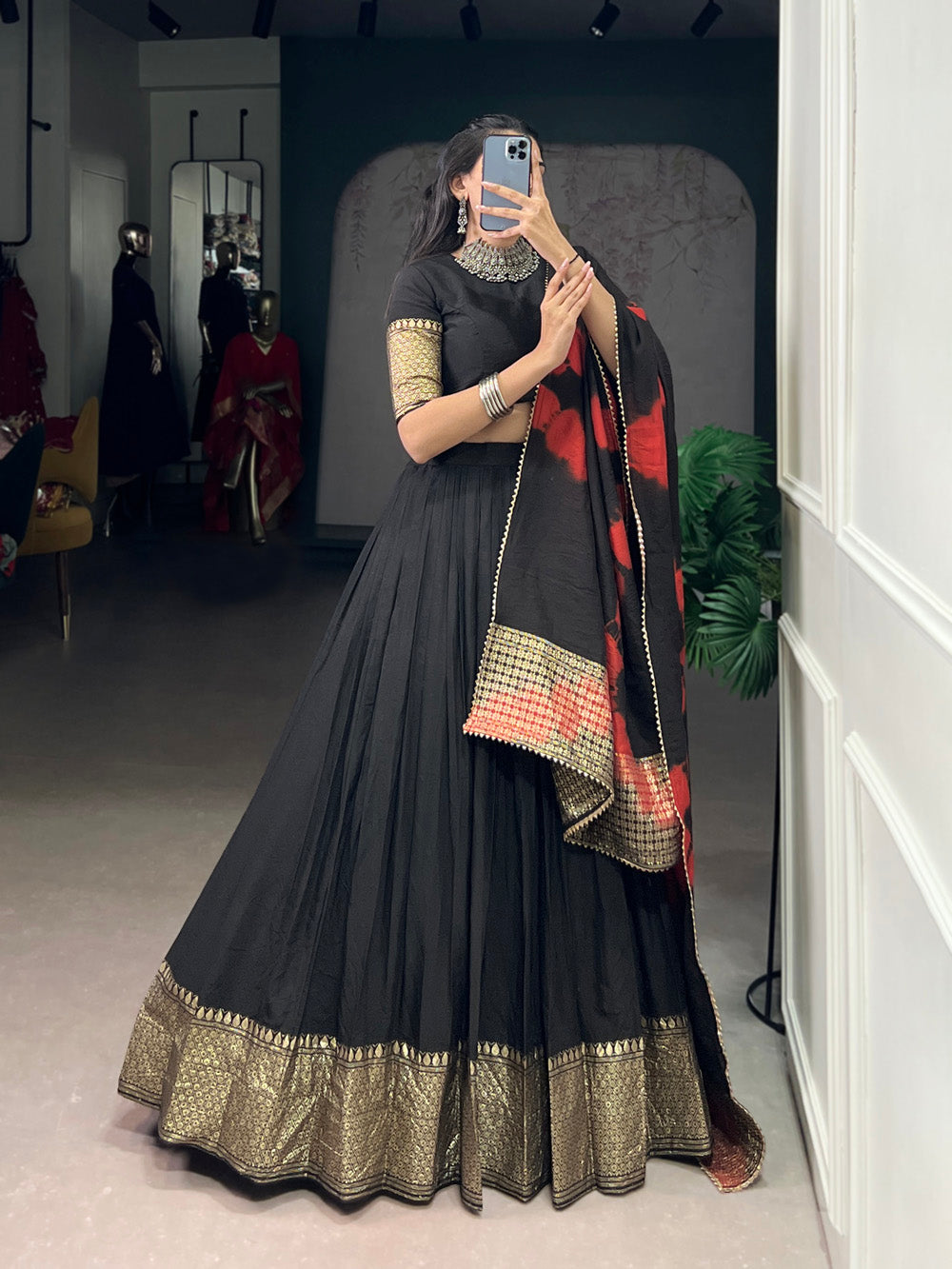 Black pure Chanderi zari weaving border Shibori print lehenga choli