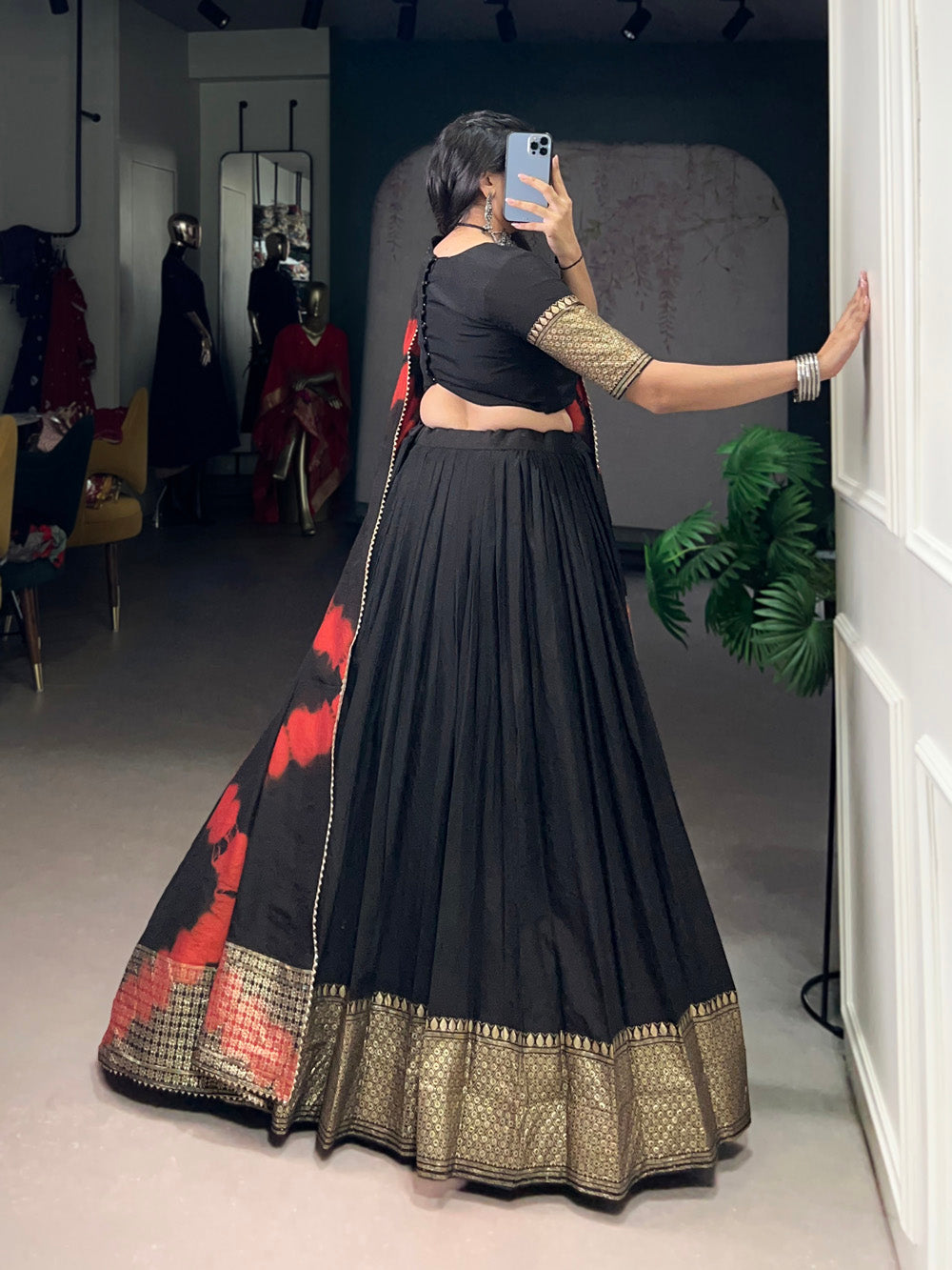 Black pure Chanderi zari weaving border Shibori print lehenga choli