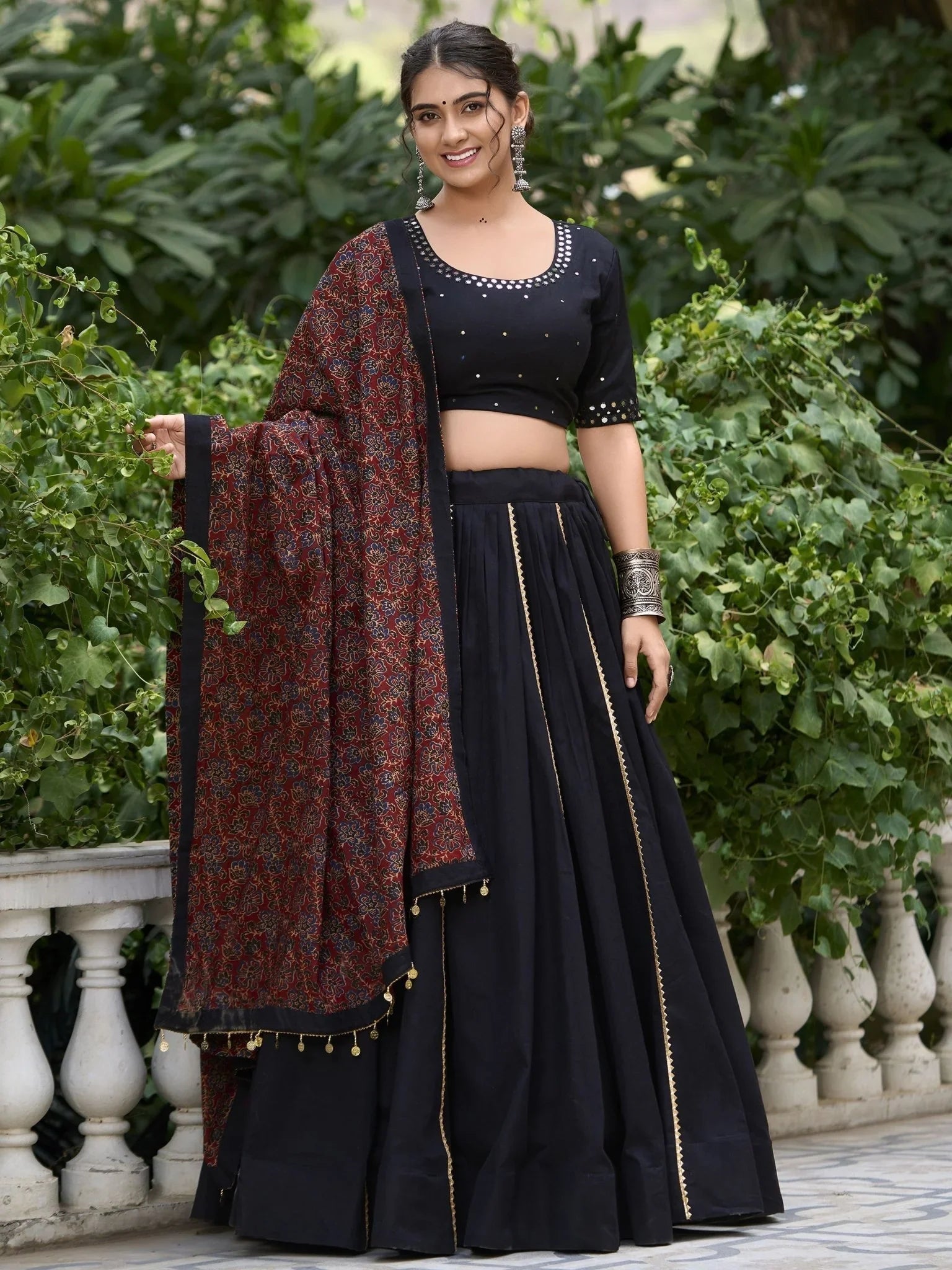 Black pure cotton lehenga choli with coin lace border and purse