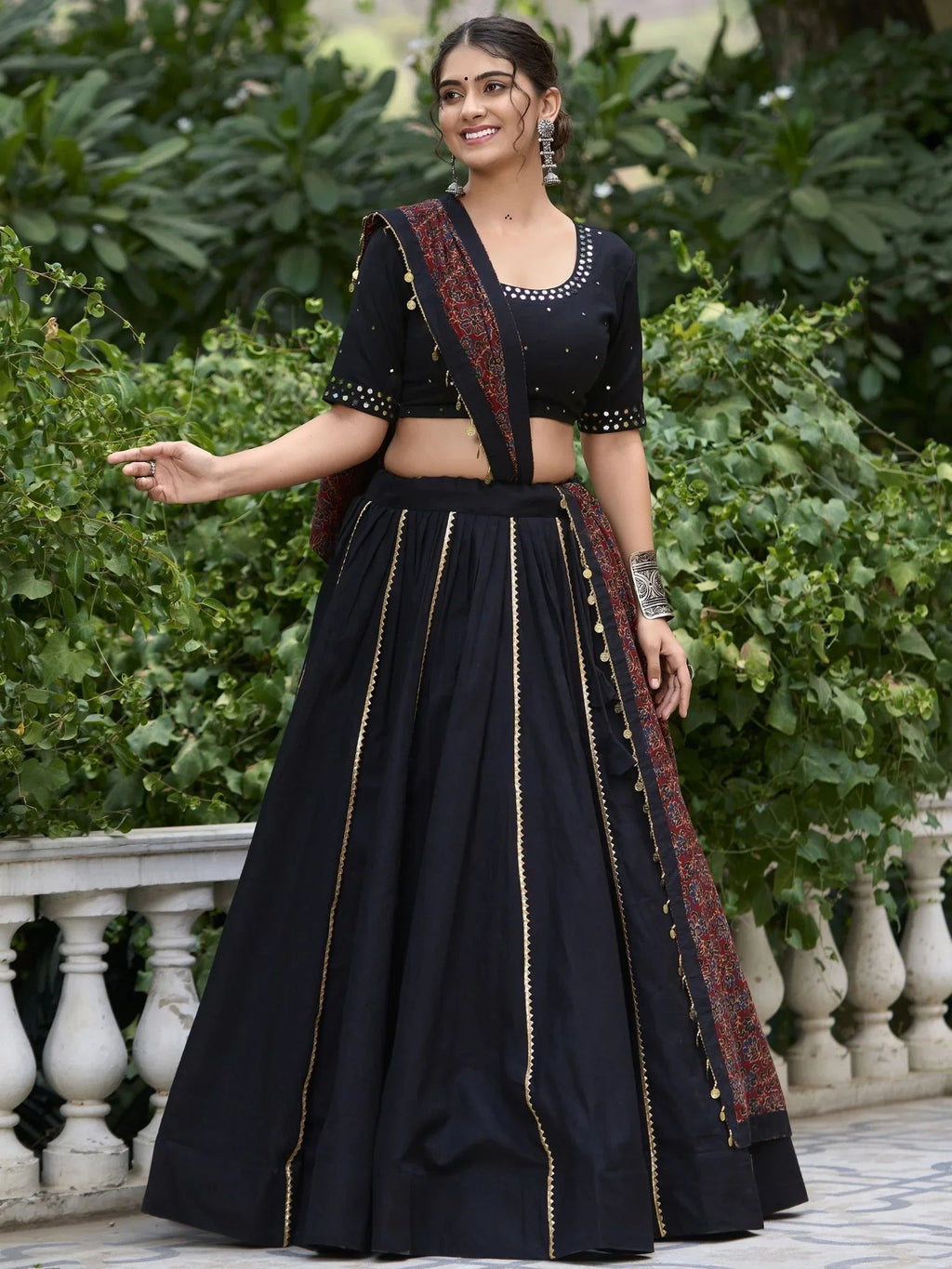 Black pure cotton lehenga choli with coin lace border and purse