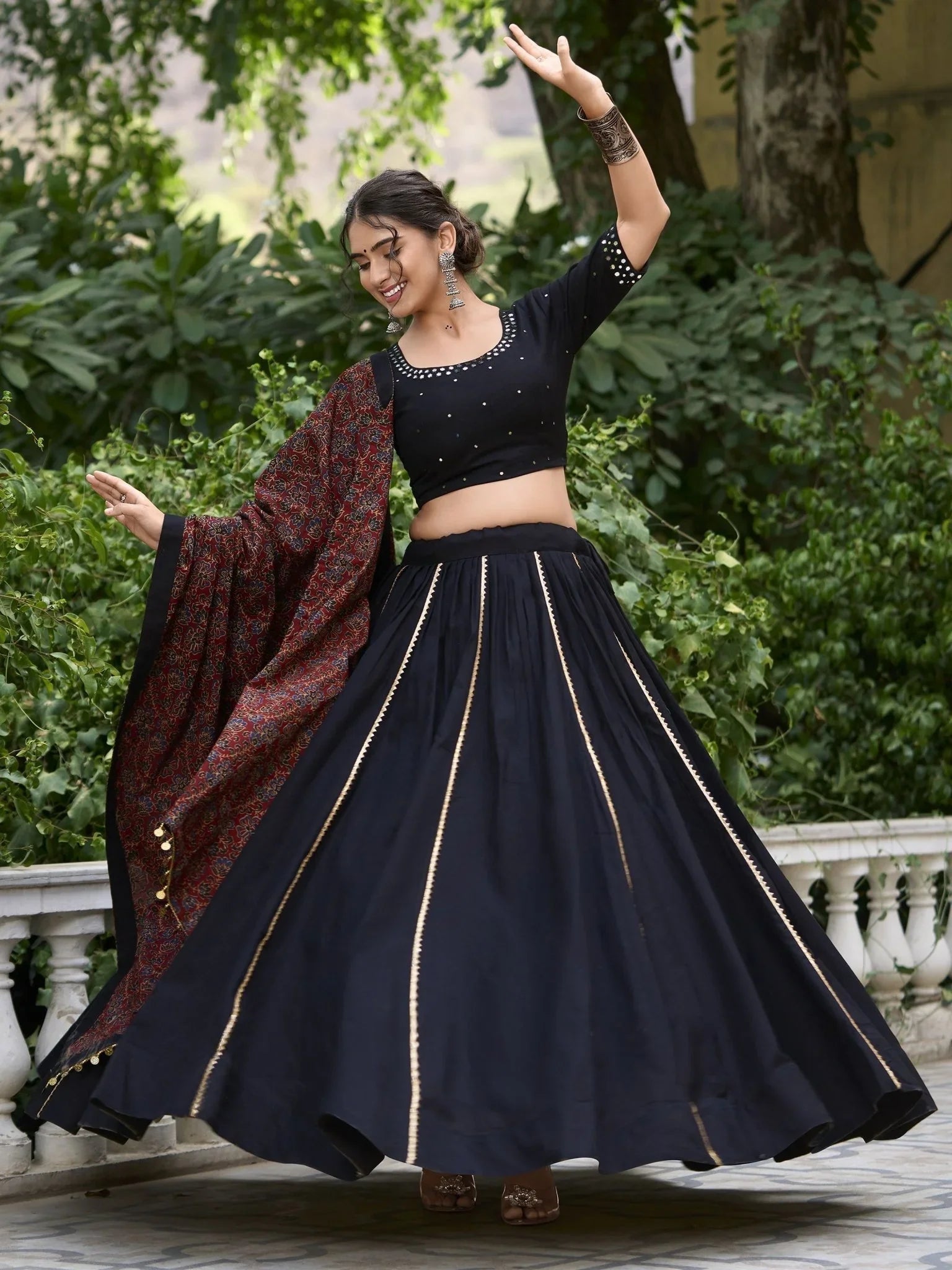 Black pure cotton lehenga choli with coin lace border and purse