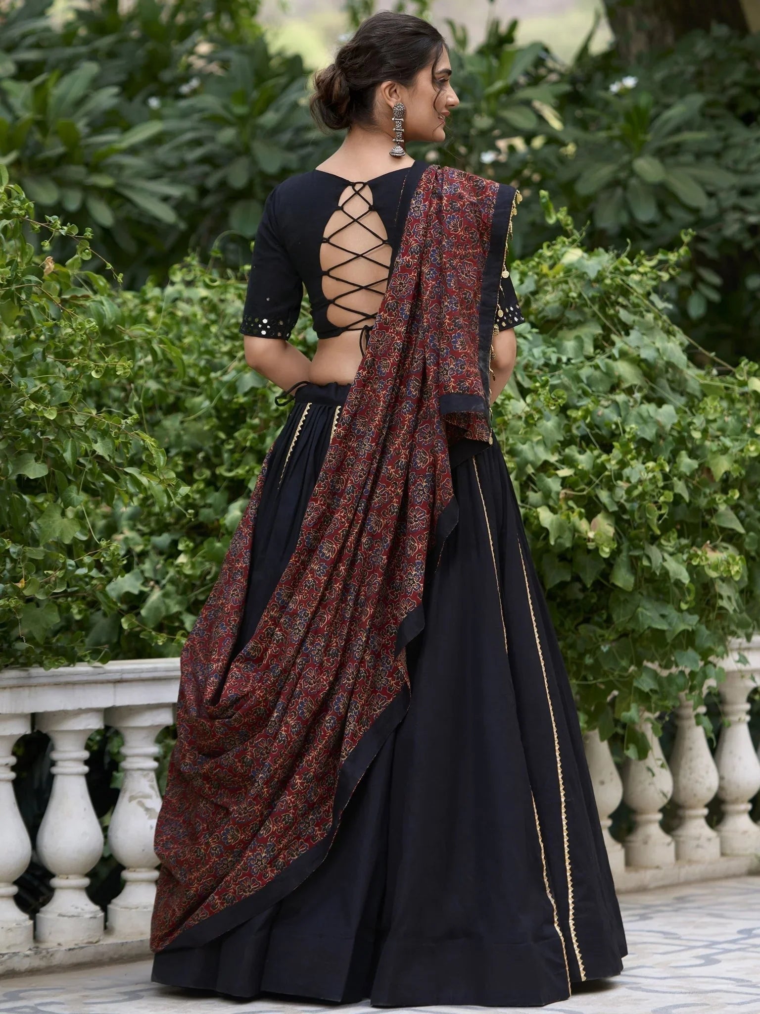 Black pure cotton lehenga choli with coin lace border and purse