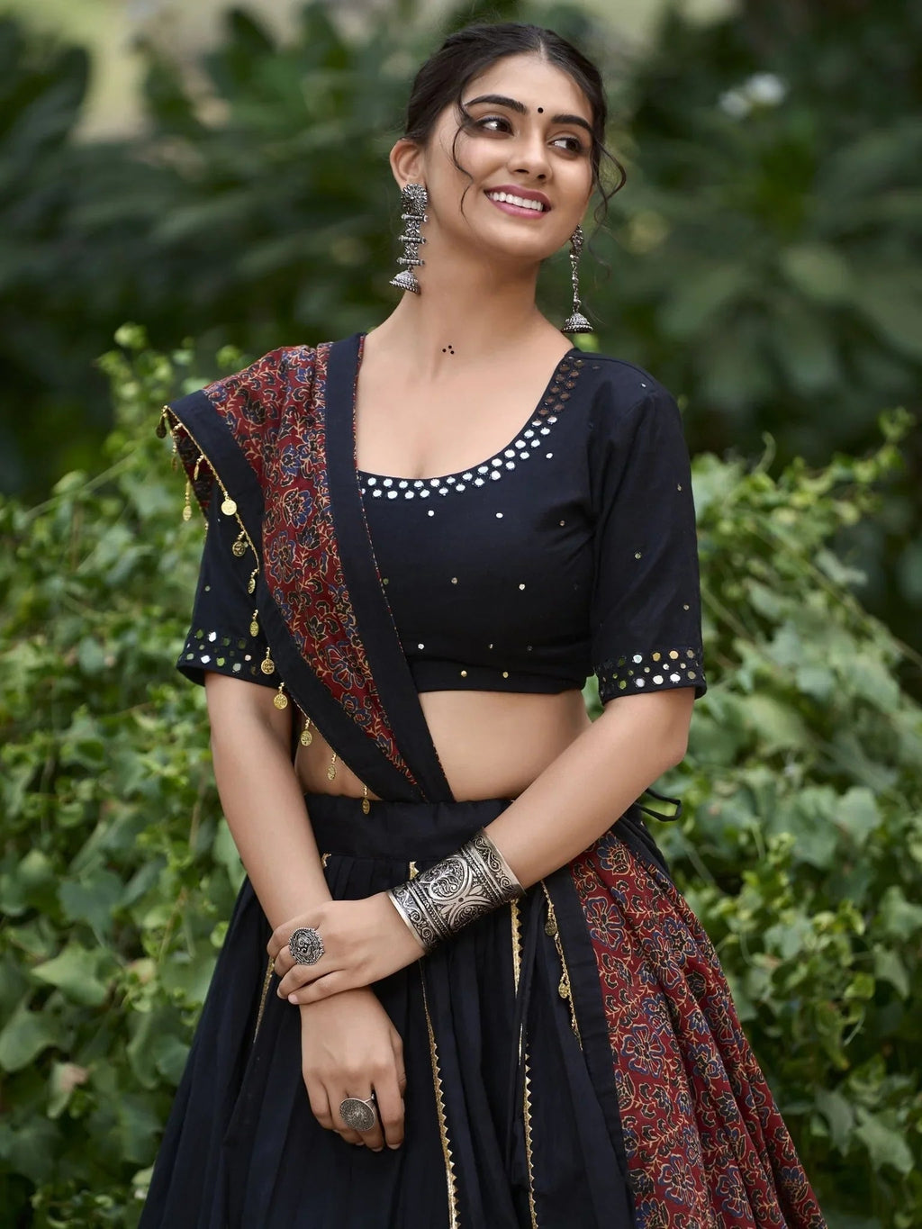 Black pure cotton lehenga choli with coin lace border and purse