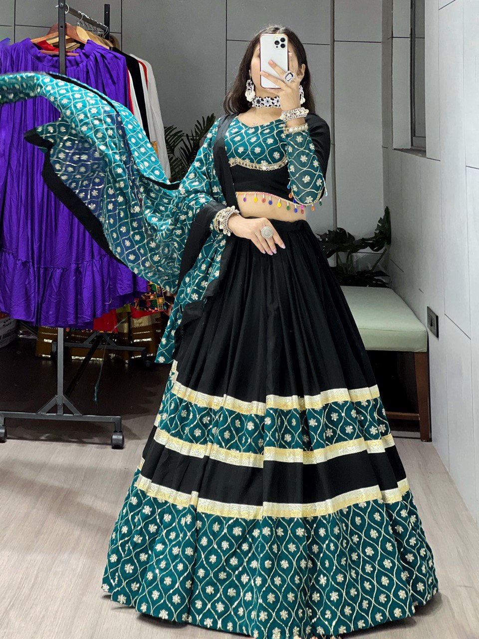 Black pure rayon cotton lehenga choli with sequence embroidery dupatta