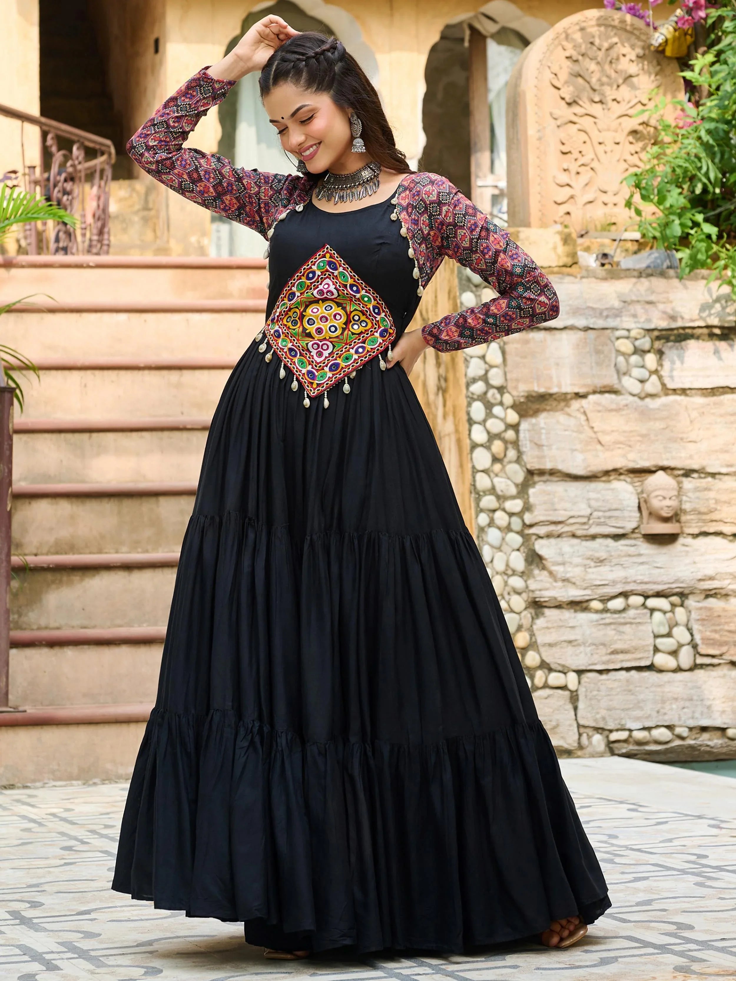 Black pure rayon flair gown with kutchi gamthi embroidery for navratri