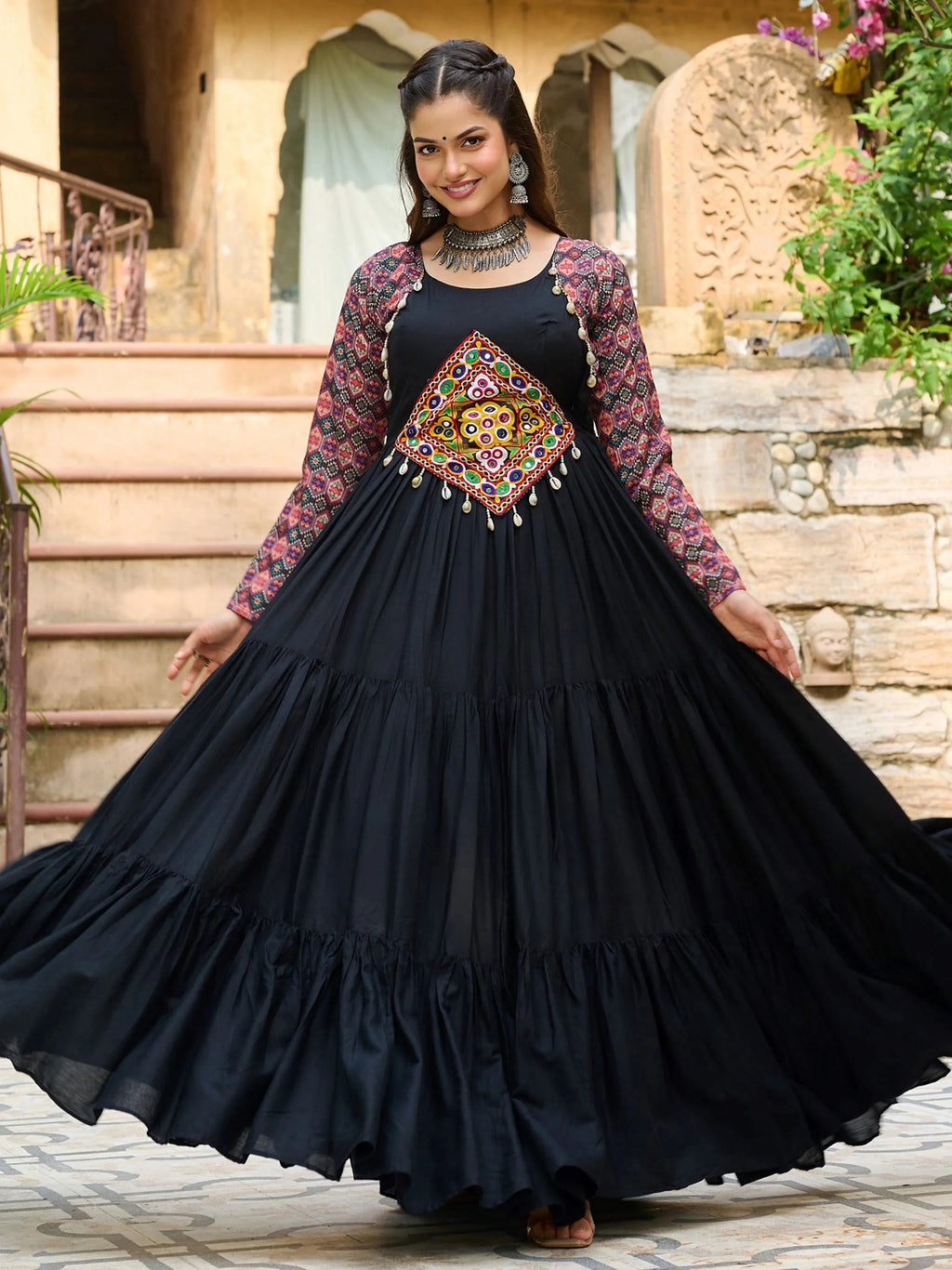 Black pure rayon flair gown with kutchi gamthi embroidery for navratri
