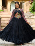 Black pure rayon flair gown with kutchi gamthi embroidery for navratri