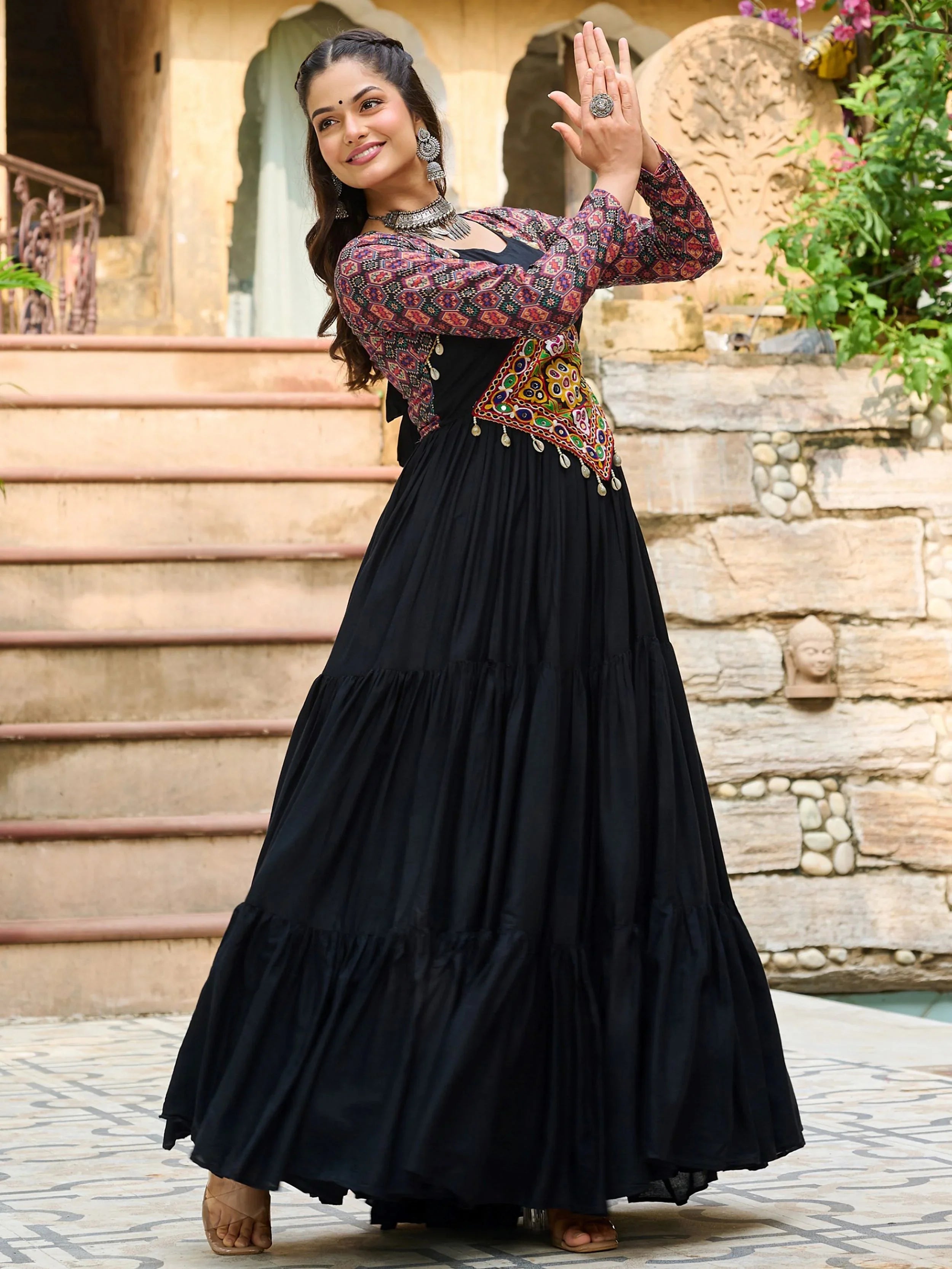 Black pure rayon flair gown with kutchi gamthi embroidery for navratri