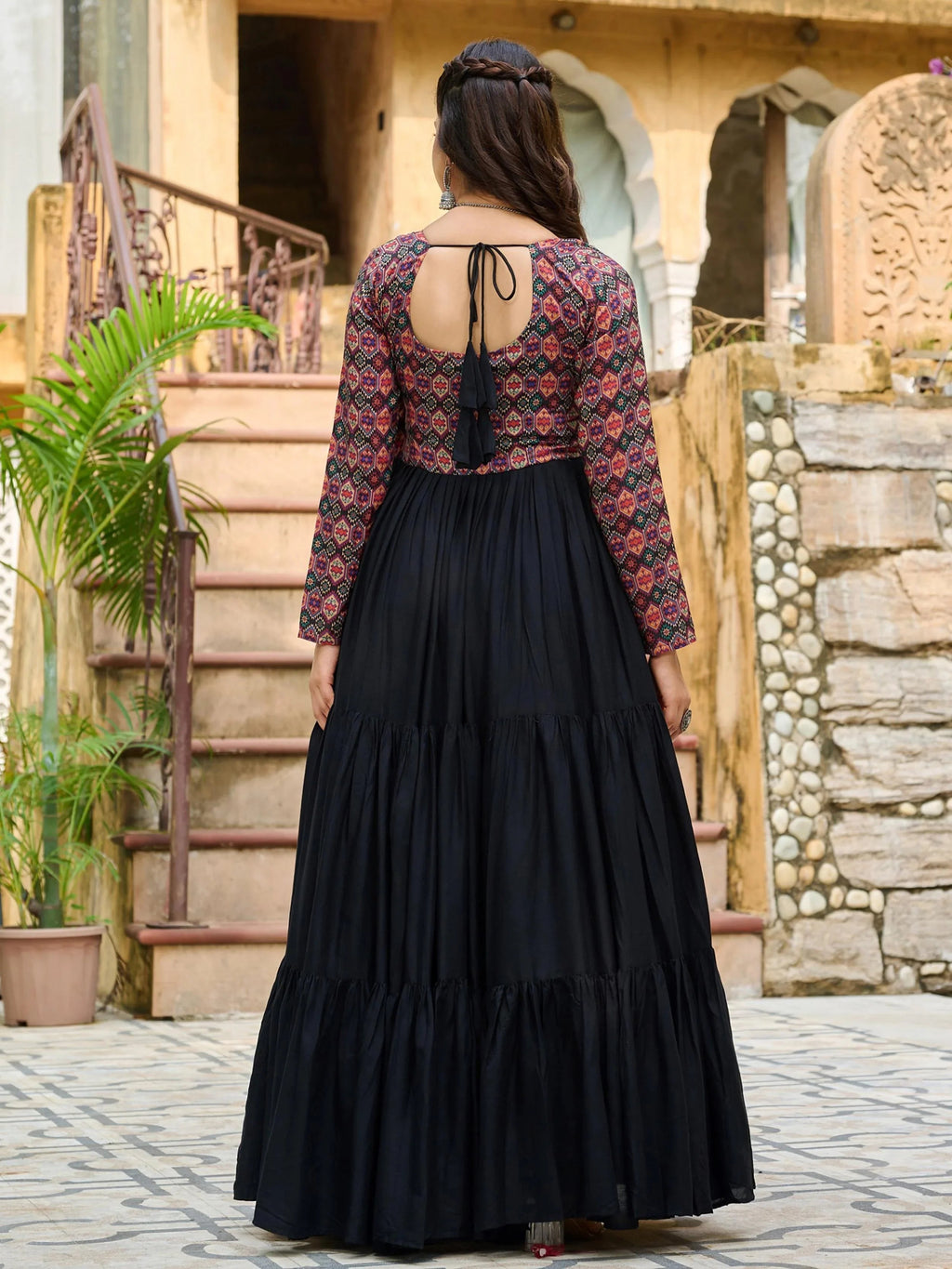 Black pure rayon flair gown with kutchi gamthi embroidery for navratri