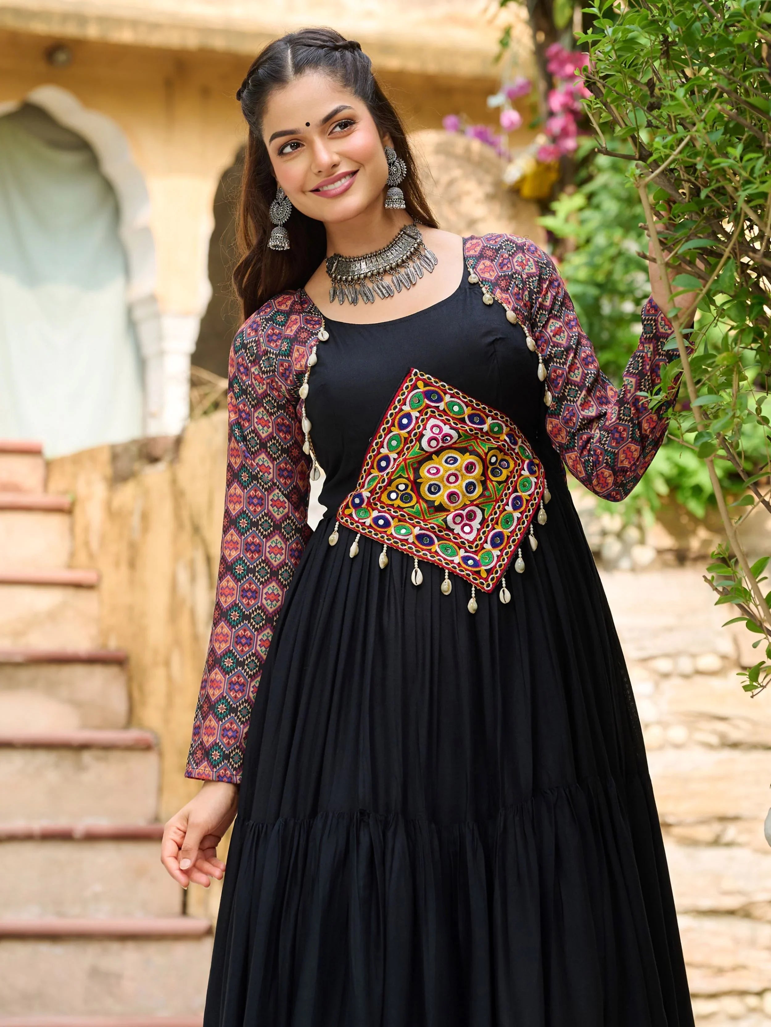 Black pure rayon flair gown with kutchi gamthi embroidery for navratri