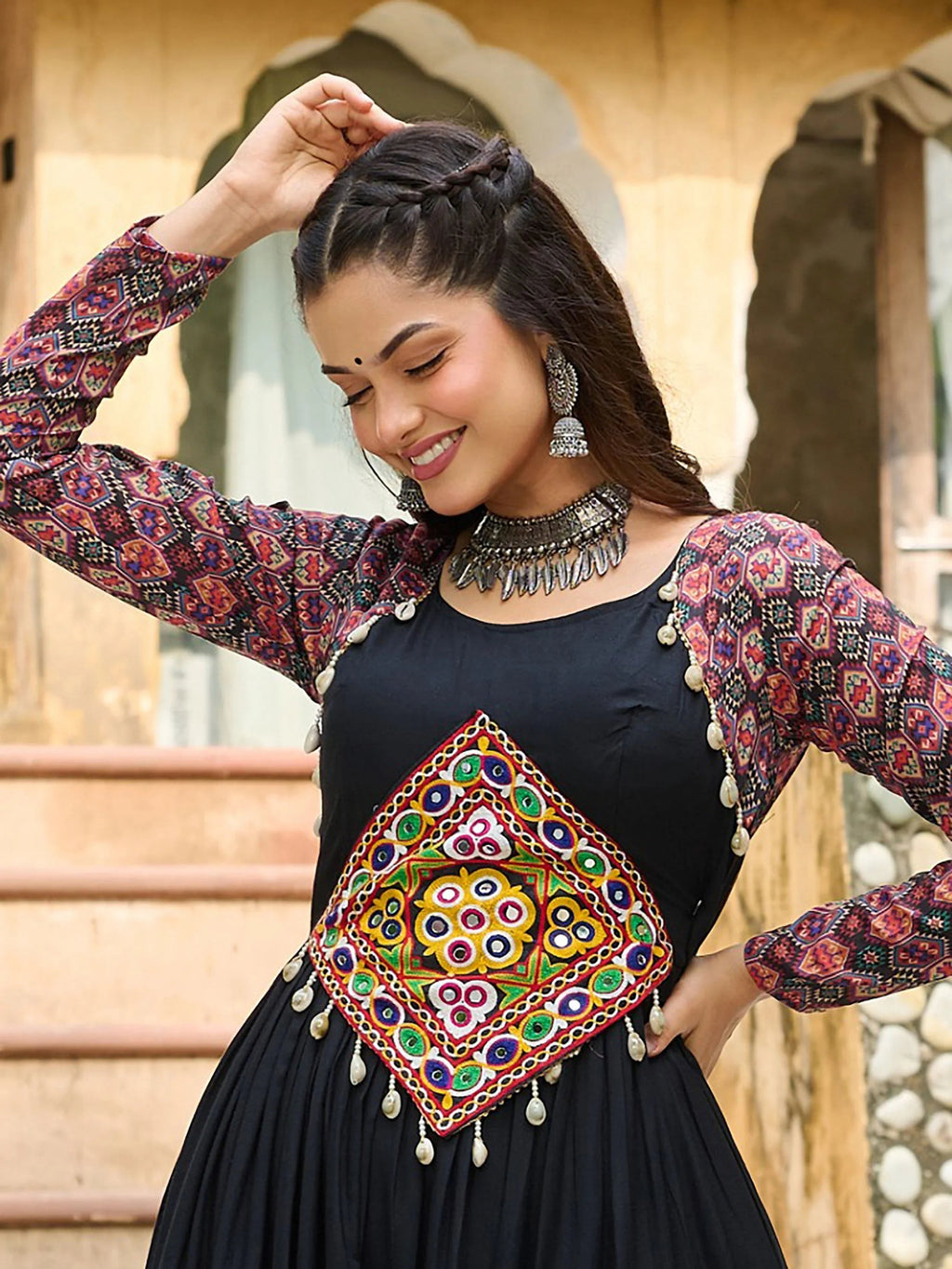 Black pure rayon flair gown with kutchi gamthi embroidery for navratri