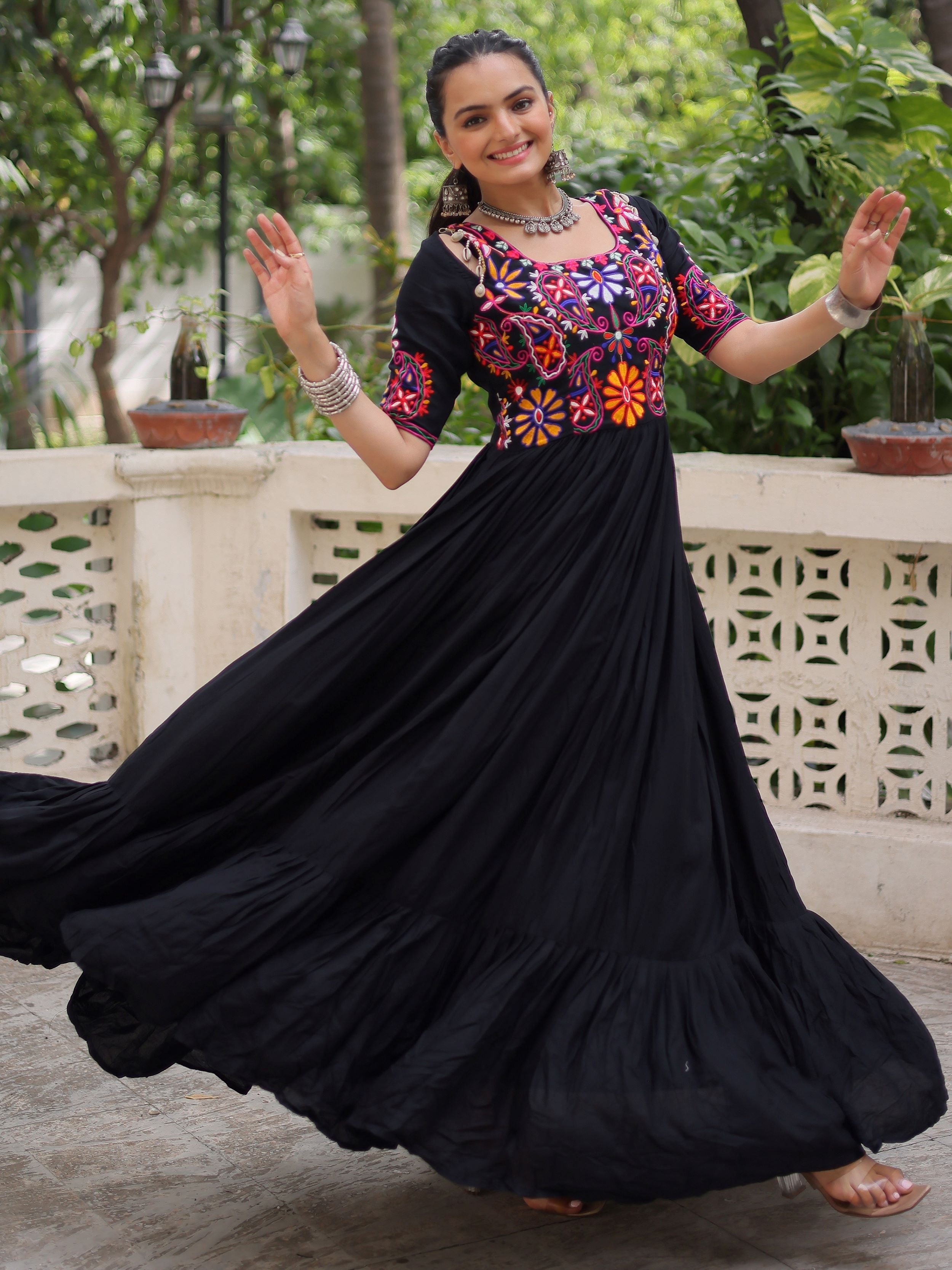 Black pure rayon Kutchi Gamthi embroidered thread work gown