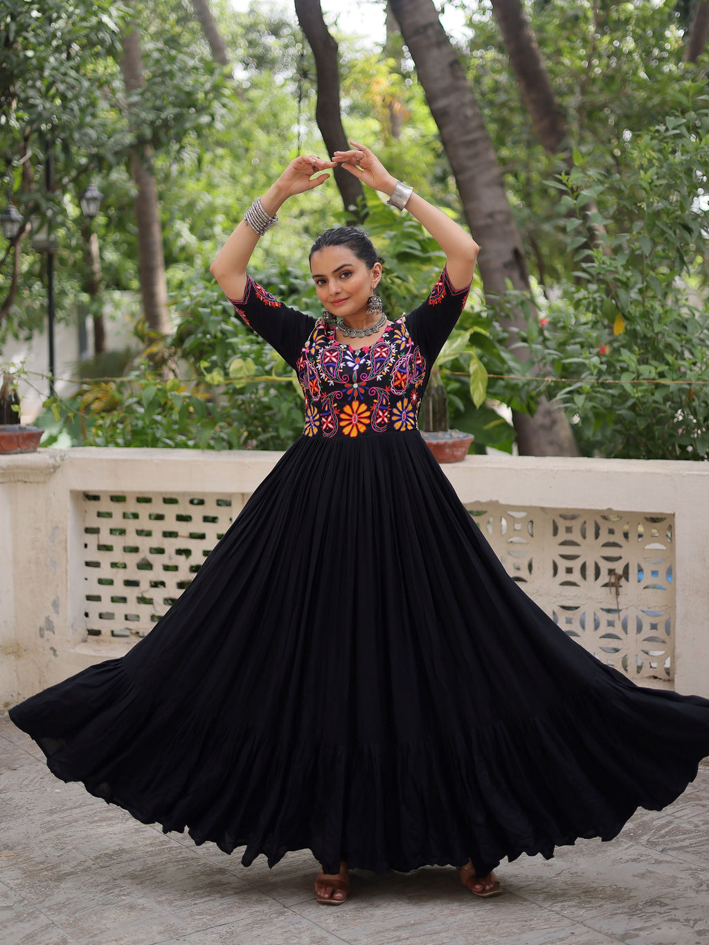 Black pure rayon Kutchi Gamthi embroidered thread work gown