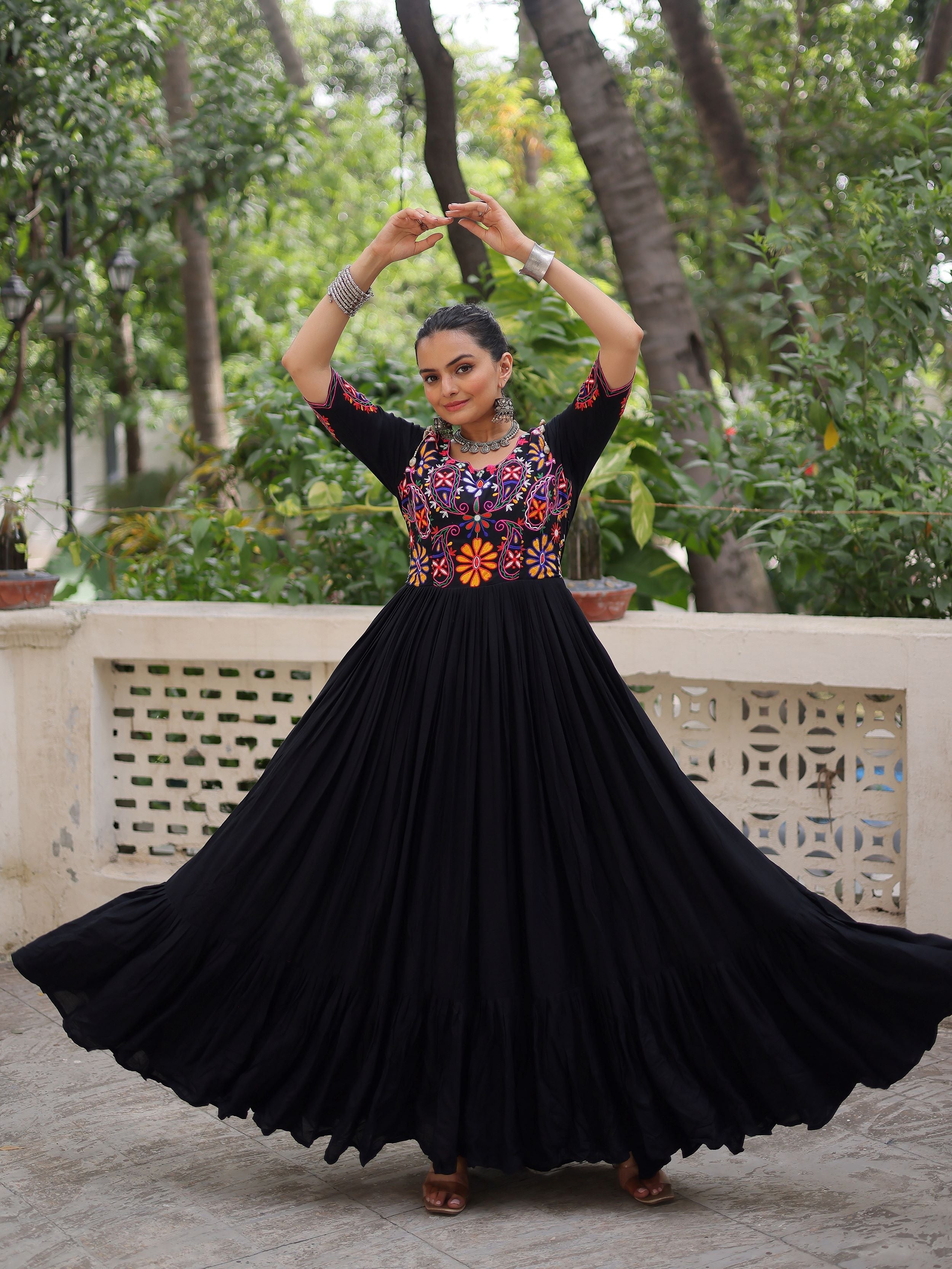 Black pure rayon Kutchi Gamthi embroidered thread work gown