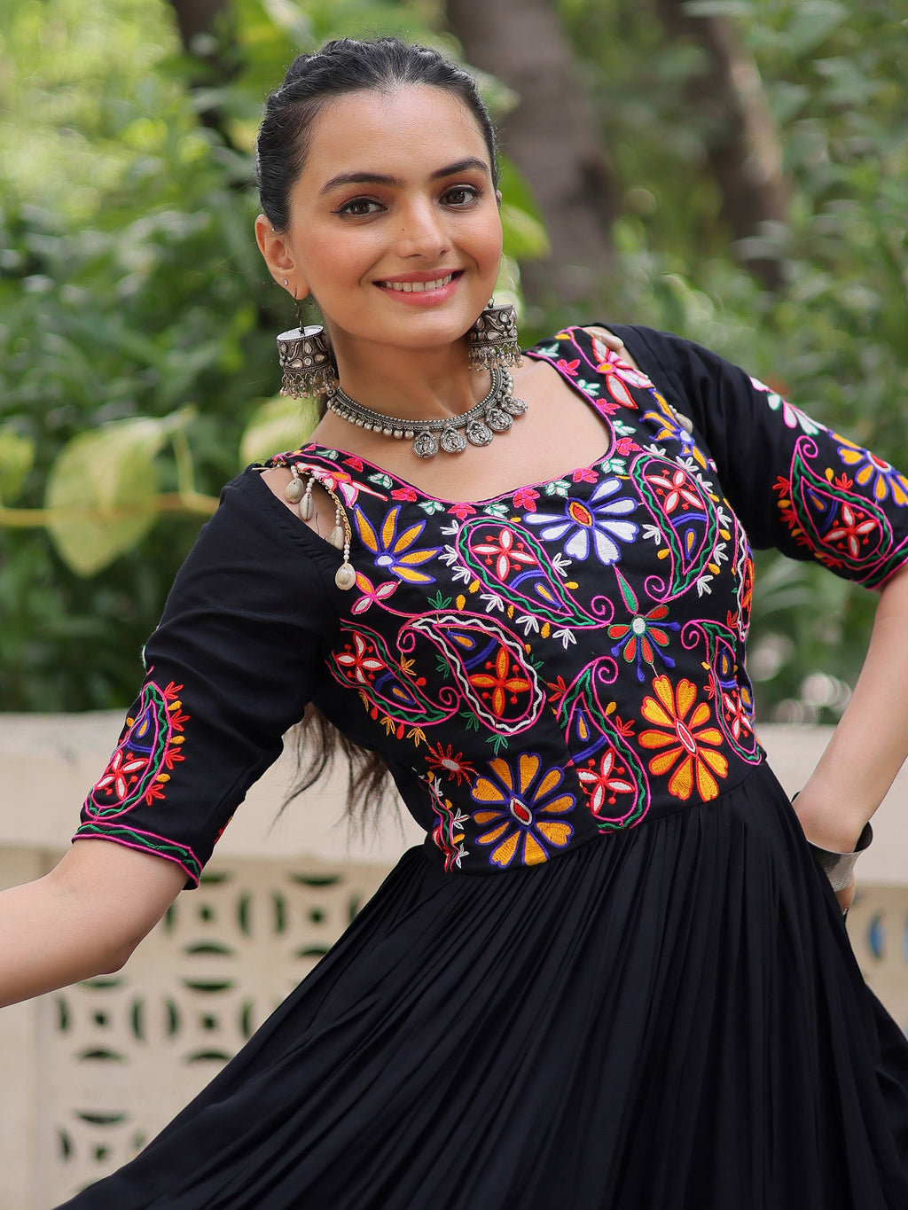 Black pure rayon Kutchi Gamthi embroidered thread work gown