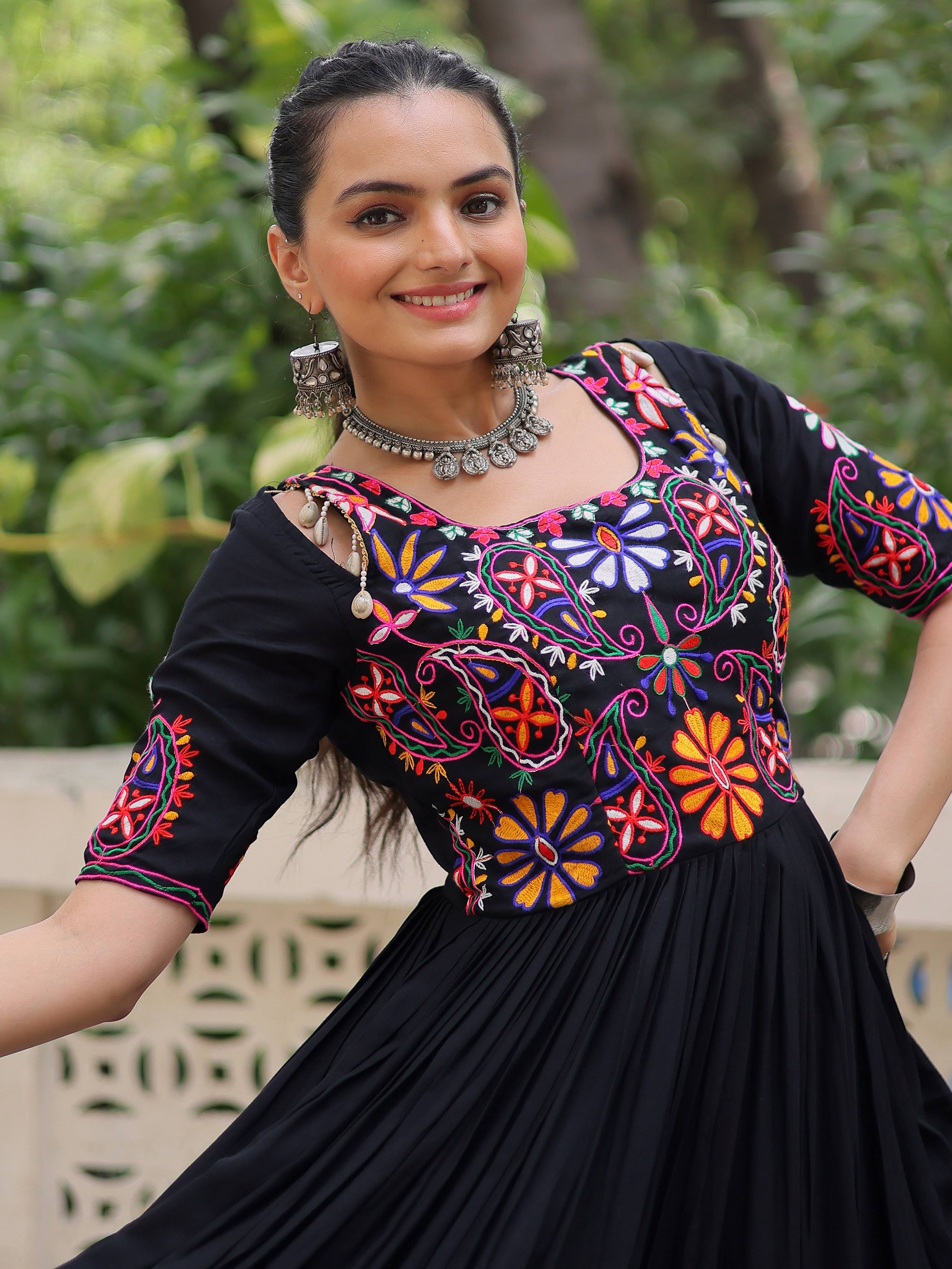 Black pure rayon Kutchi Gamthi embroidered thread work gown