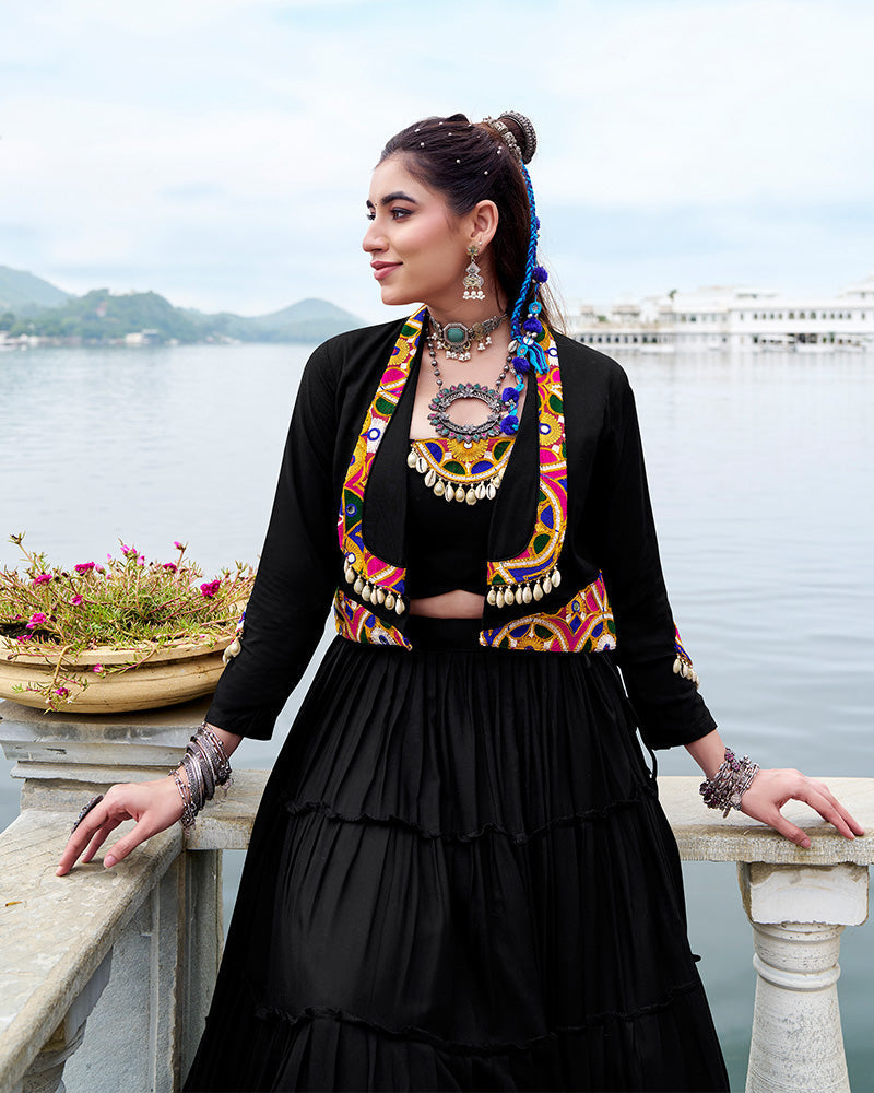 Black pure rayon lehenga with mirror Gamthi work blouse and koti
