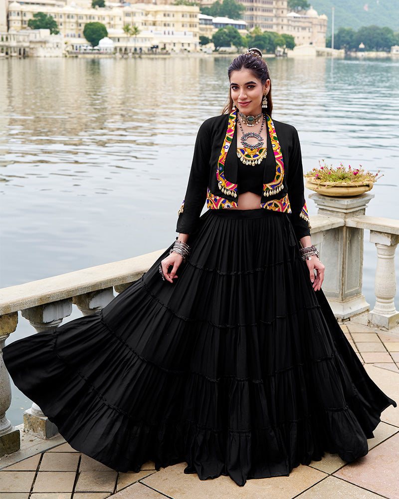Black pure rayon lehenga with mirror Gamthi work blouse and koti