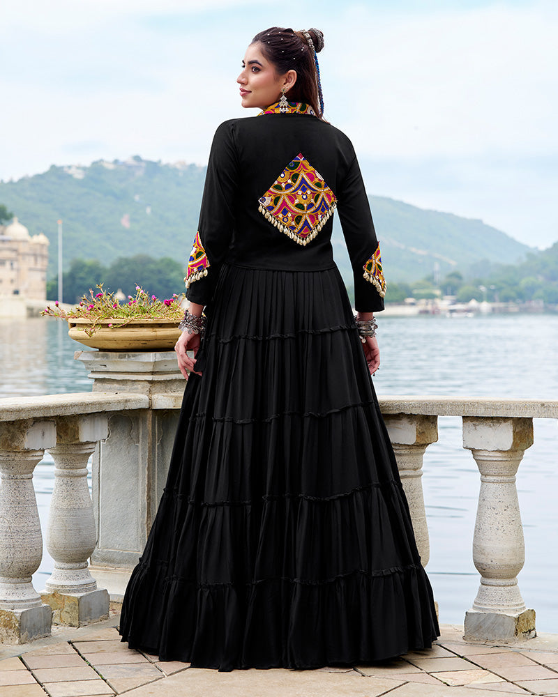 Black pure rayon lehenga with mirror Gamthi work blouse and koti