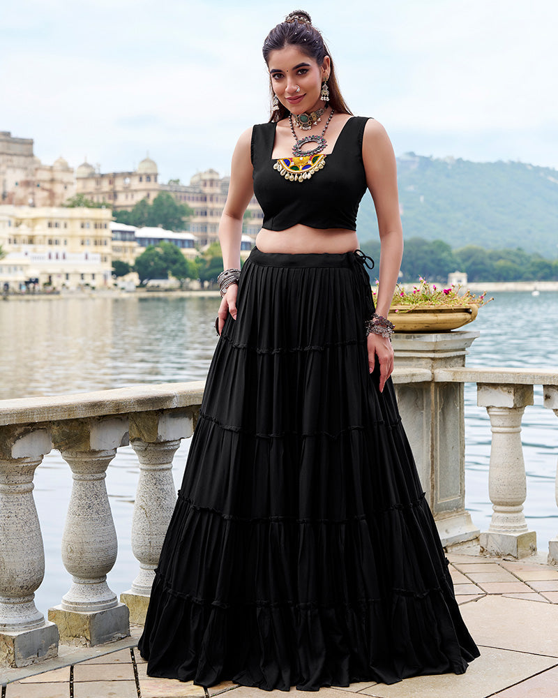 Black pure rayon lehenga with mirror Gamthi work blouse and koti