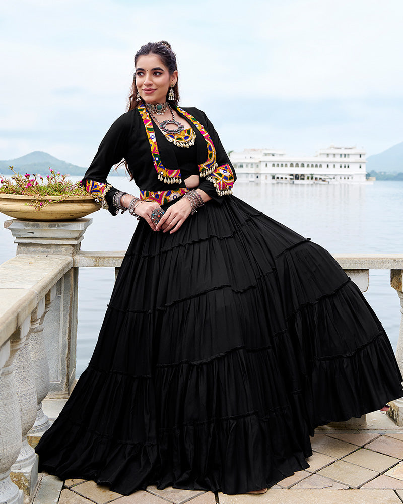Black pure rayon lehenga with mirror Gamthi work blouse and koti
