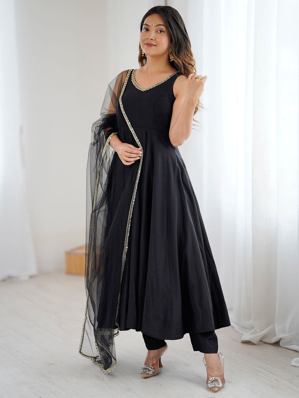Black Roman silk Chanderi mirror lace Anarkali suit with dupatta