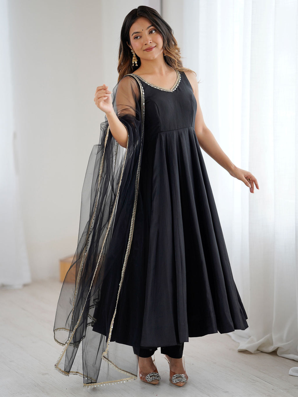 Black Roman silk Chanderi mirror lace Anarkali suit with dupatta