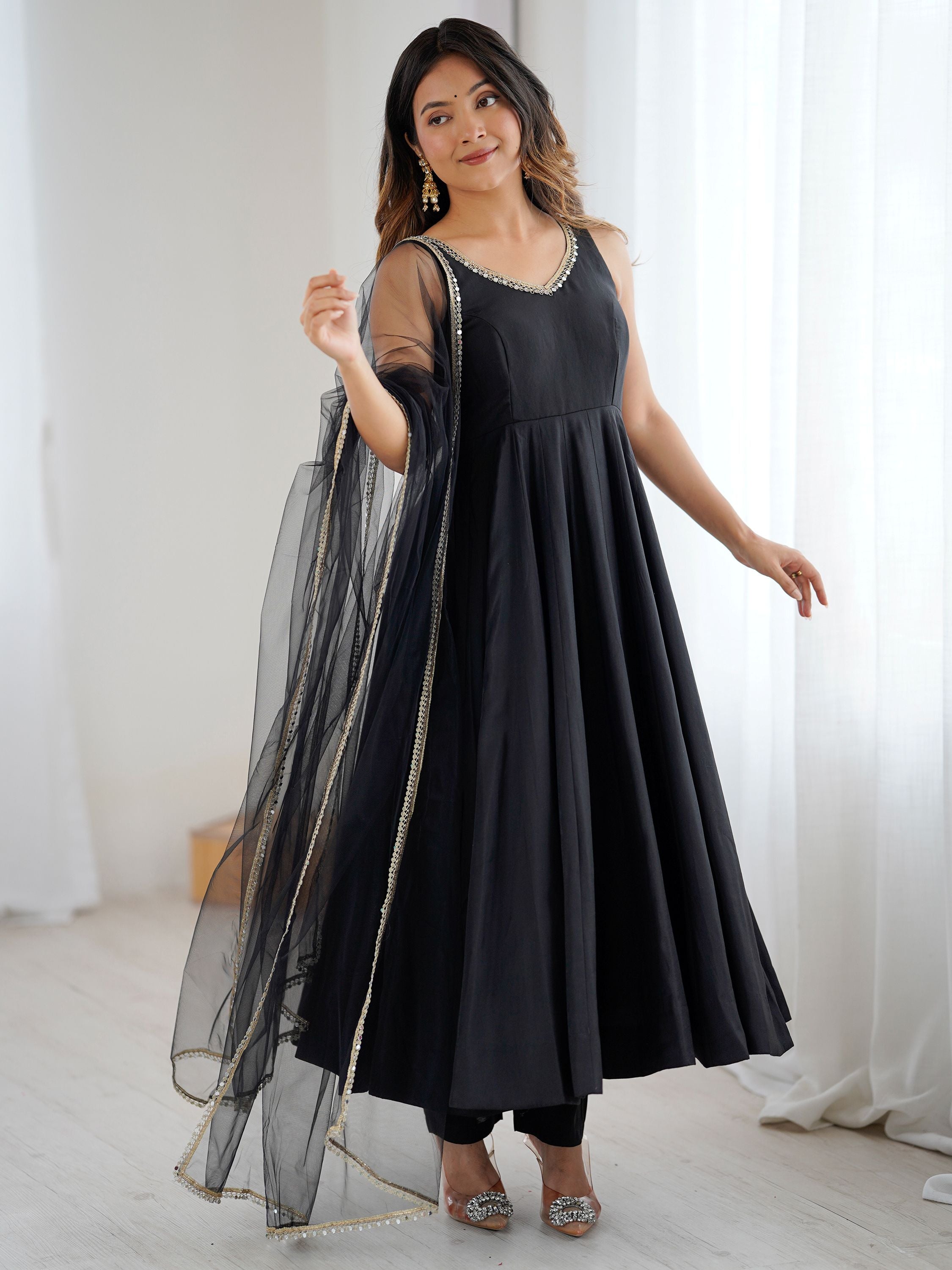 Black Roman silk Chanderi mirror lace Anarkali suit with dupatta