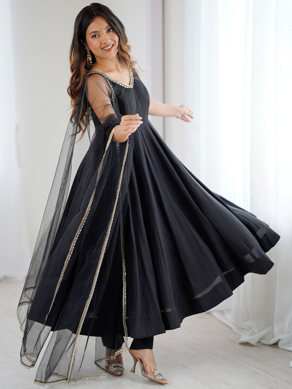 Black Roman silk Chanderi mirror lace Anarkali suit with dupatta