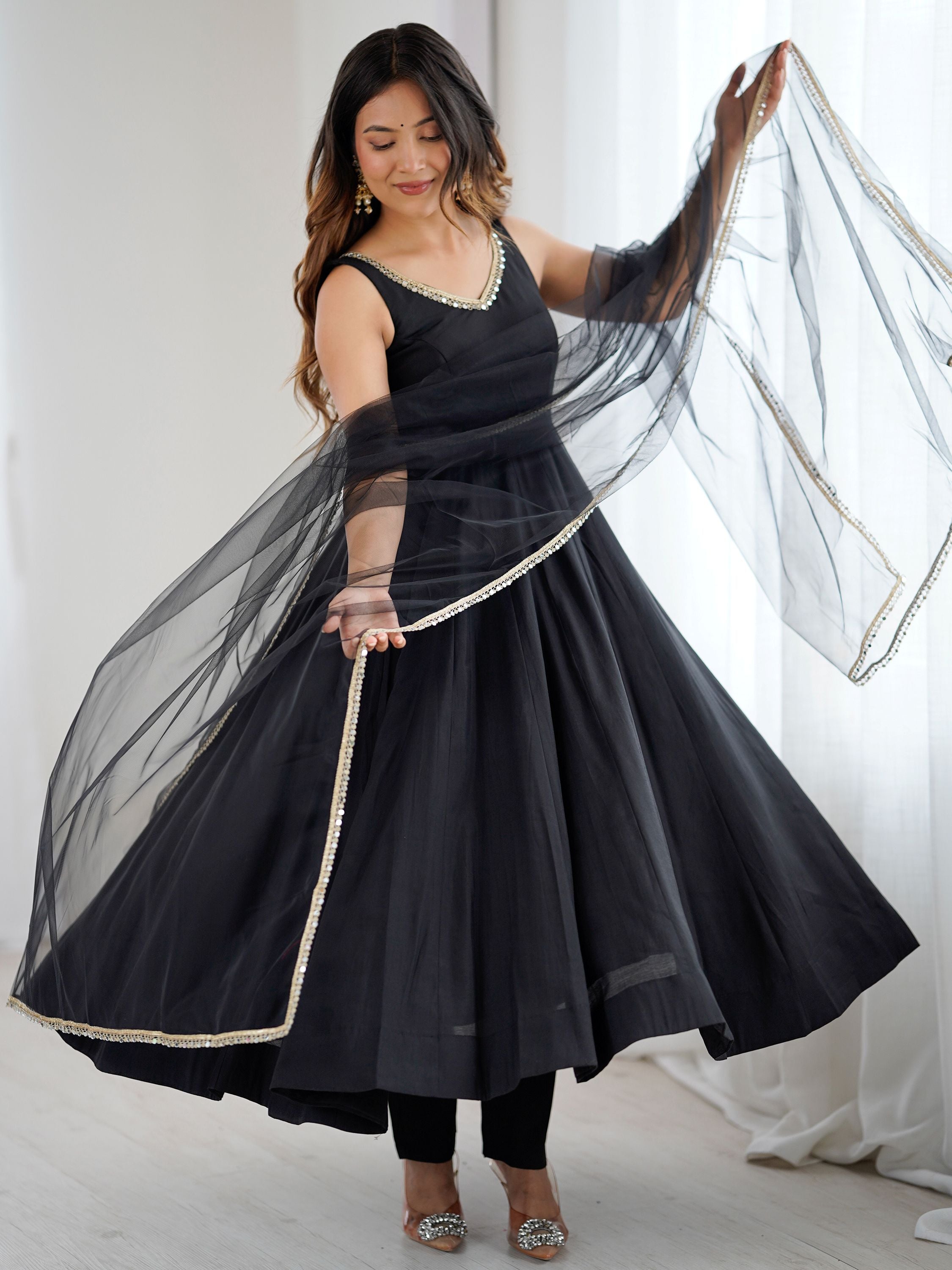 Black Roman silk Chanderi mirror lace Anarkali suit with dupatta