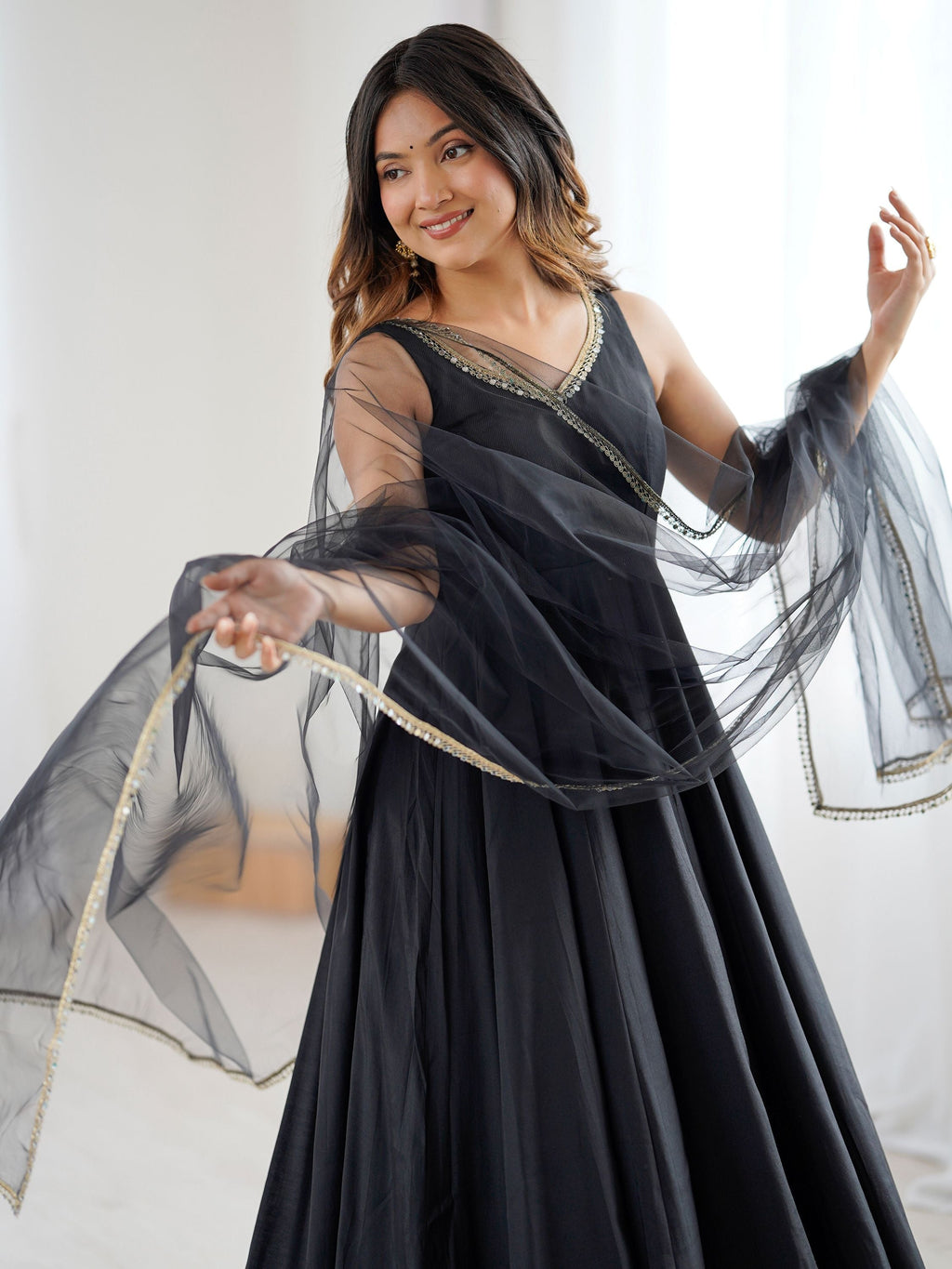 Black Roman silk Chanderi mirror lace Anarkali suit with dupatta