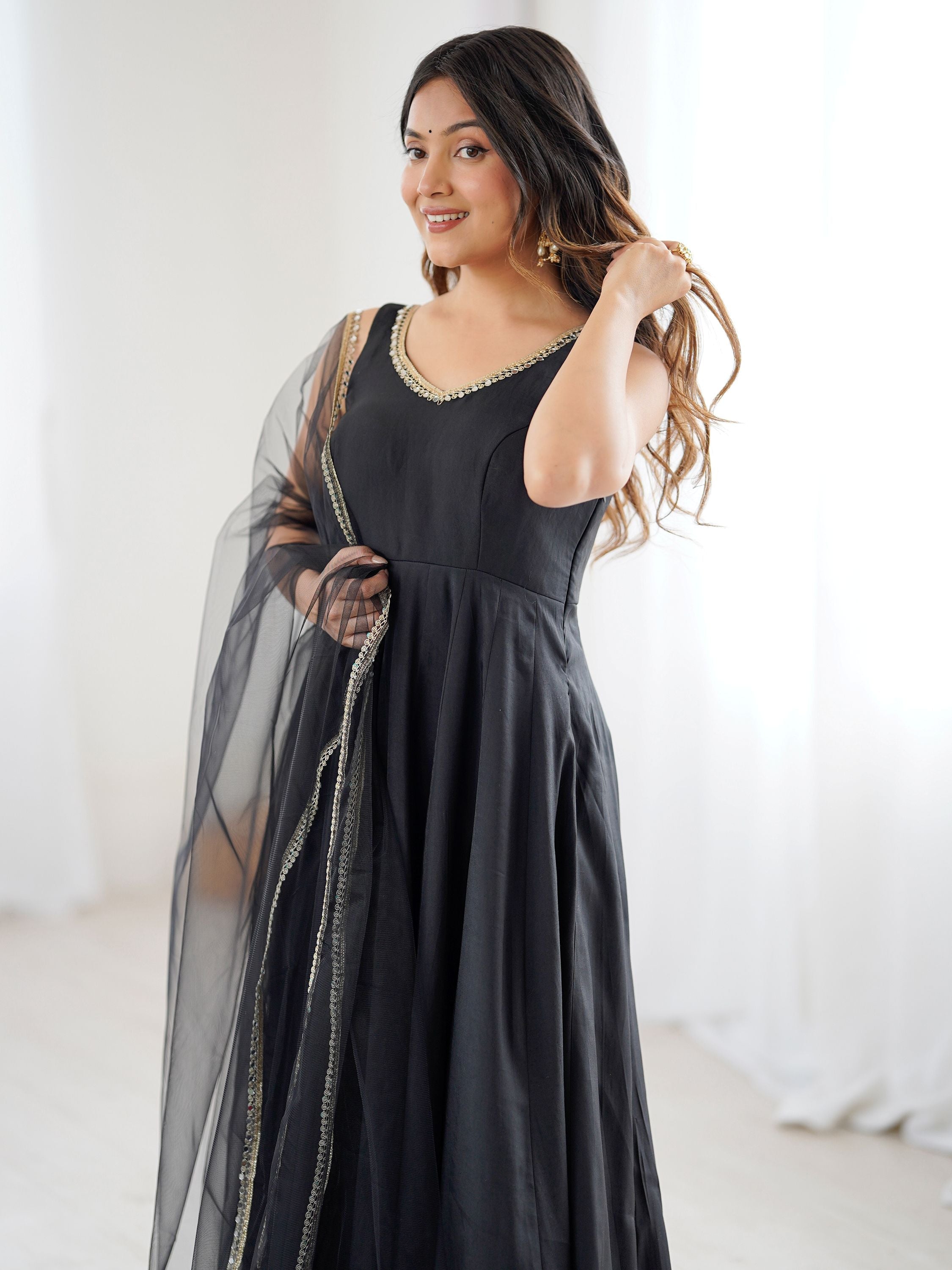 Black Roman silk Chanderi mirror lace Anarkali suit with dupatta
