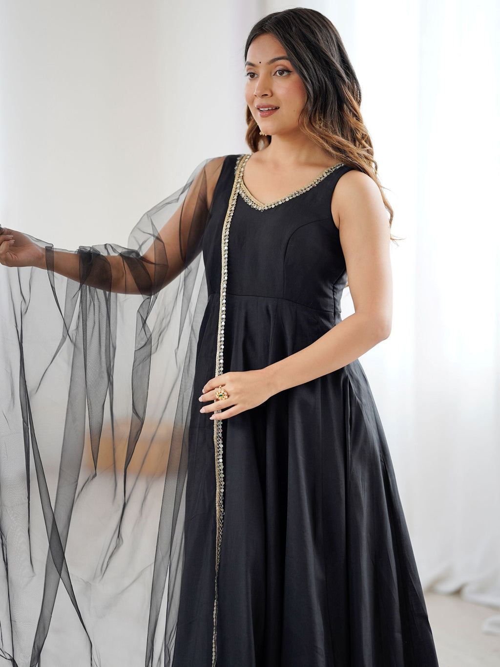 Black Roman silk Chanderi mirror lace Anarkali suit with dupatta