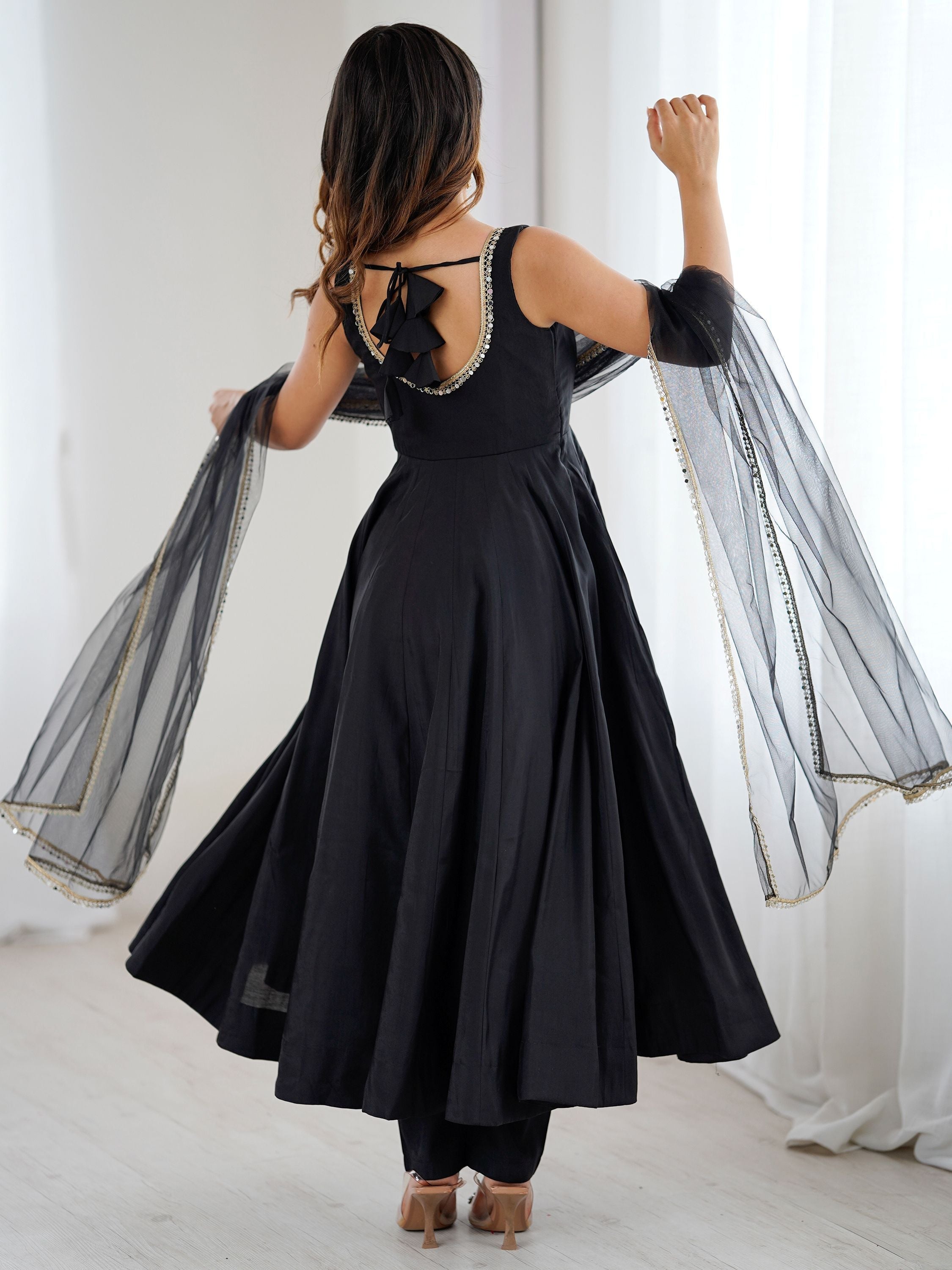 Black Roman silk Chanderi mirror lace Anarkali suit with dupatta