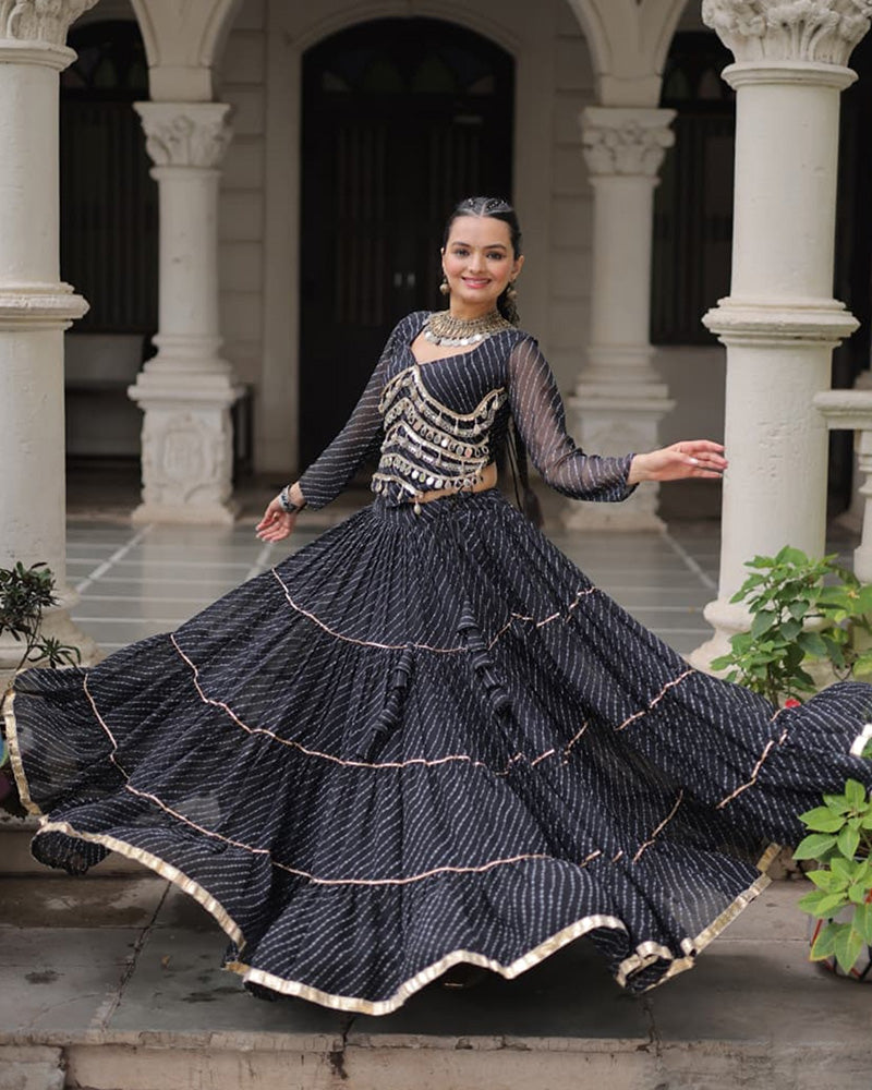 Black soft georgette Gota Patti lace Bandhej Leheriya print lehenga choli