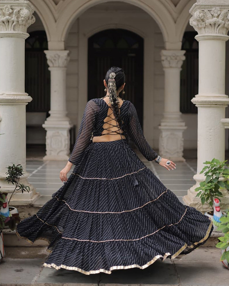 Black soft georgette Gota Patti lace Bandhej Leheriya print lehenga choli