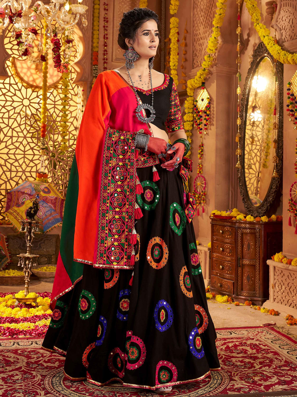 Black viscose cotton mirror thread embroidery Navratri lehenga choli
