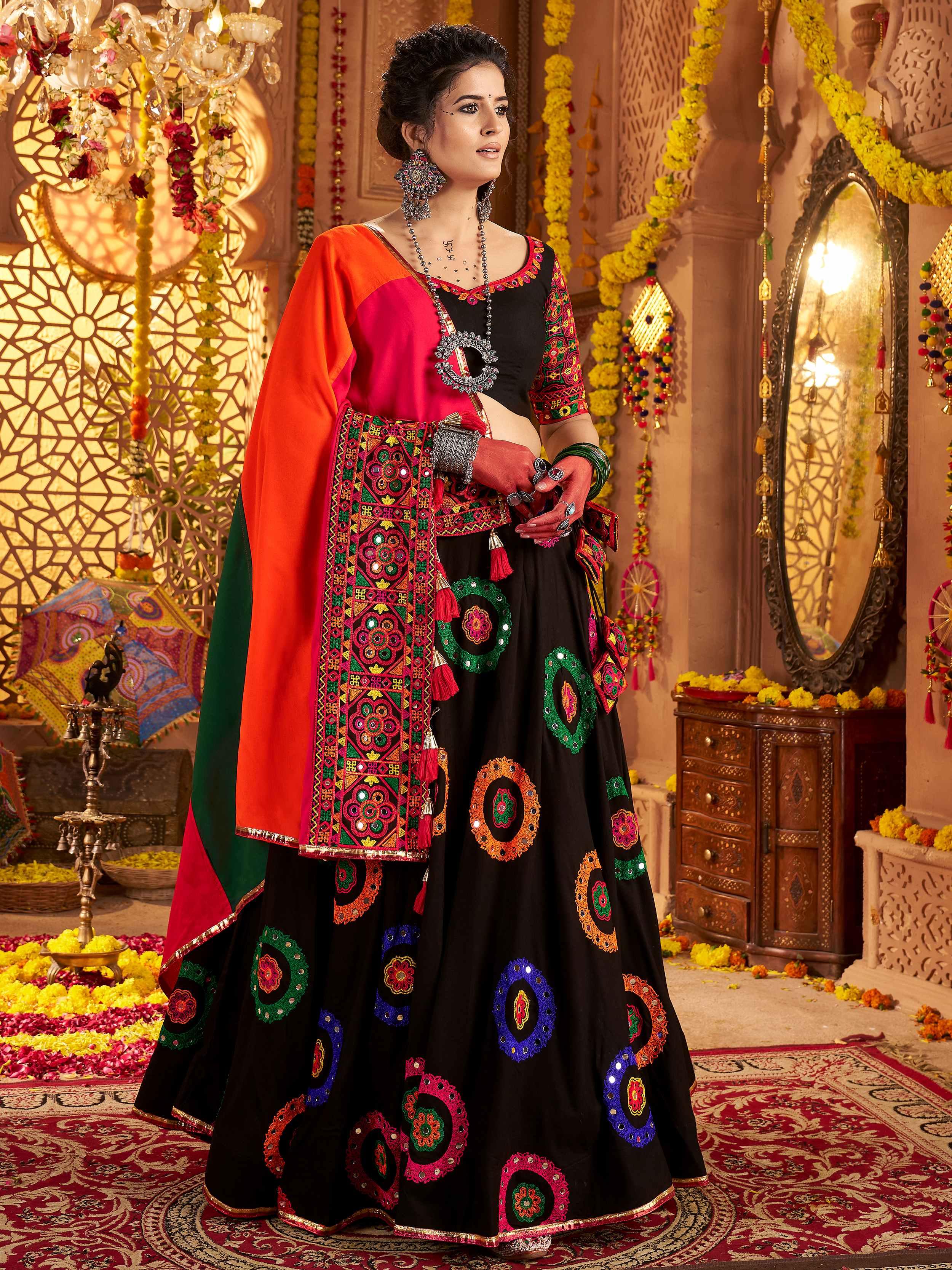 Black viscose cotton mirror thread embroidery Navratri lehenga choli