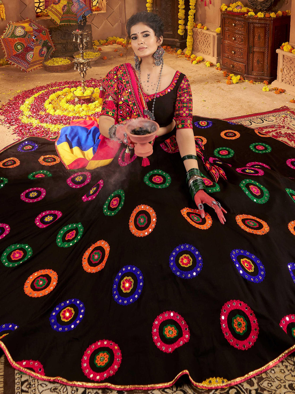 Black viscose cotton mirror thread embroidery Navratri lehenga choli