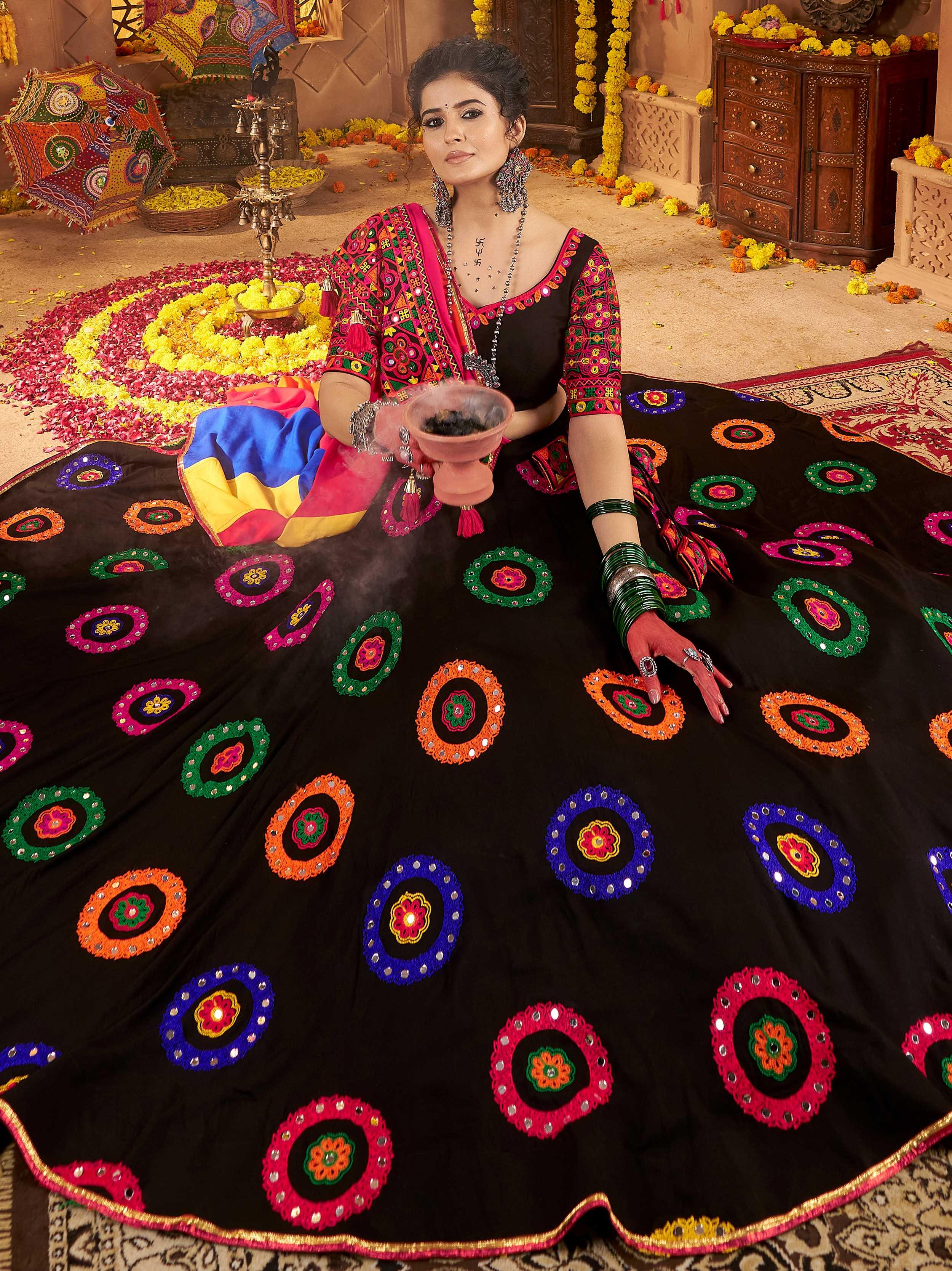 Black viscose cotton mirror thread embroidery Navratri lehenga choli